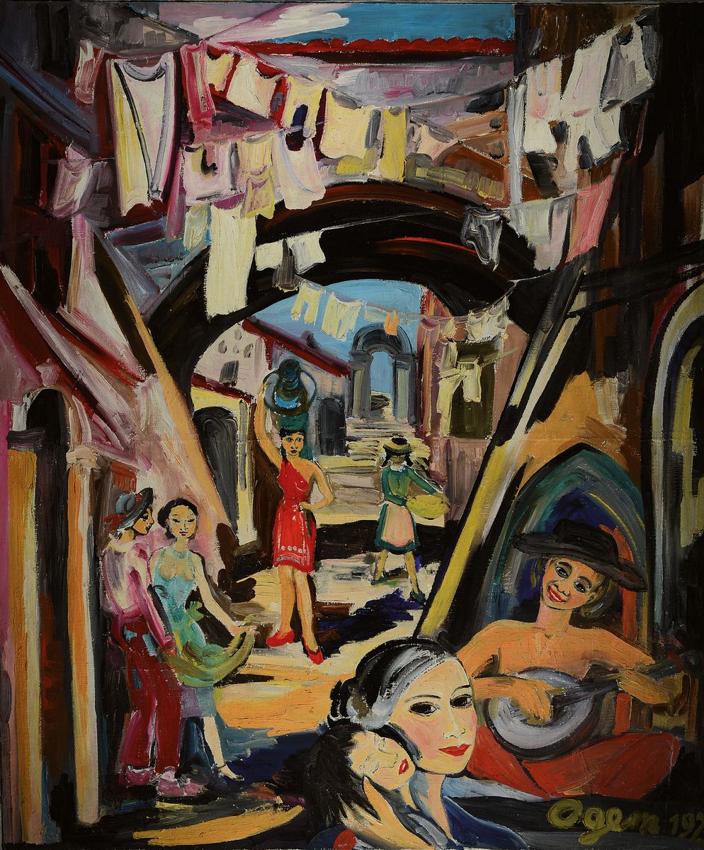 Gertrud Ogem, 1919 - 1985, Berliner Künstlerin, expressionistische südliche Straßenszene, mit Wasserträgerin und Mandolinenspieler , signiert und ...