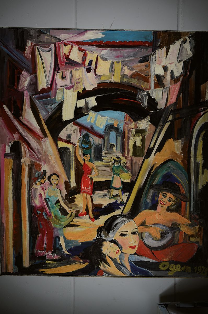 Detail k: Gertrud Ogem, 1919 - 1985, Berliner Künstlerin, expressionistische südliche Straßenszene, mit Wasserträgerin und Mandolinenspieler , signiert und ...