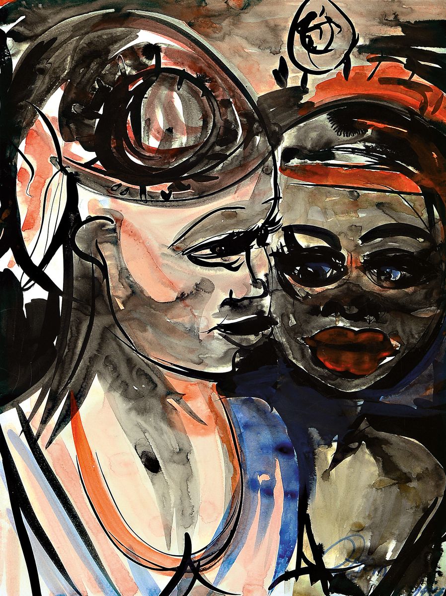 Detail b: Gertrud Ogem, 1919 - 1985, Berliner Künstlerin, zwei express. Aquarelle: a. Akt beim Blick in den Spiegel, signiert und dat. 1973, PP. 47.5 x .35 ...