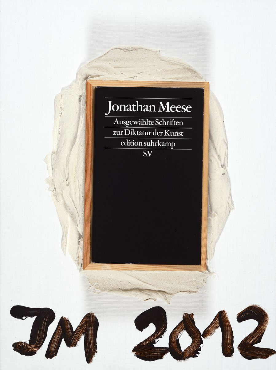 Jonathan Meese, geb. 1970, Multiple: Buch in Holzrahmen, montiert mit altweißer, körniger Spachtelmasse auf weißer Leinwand, das Buch ...