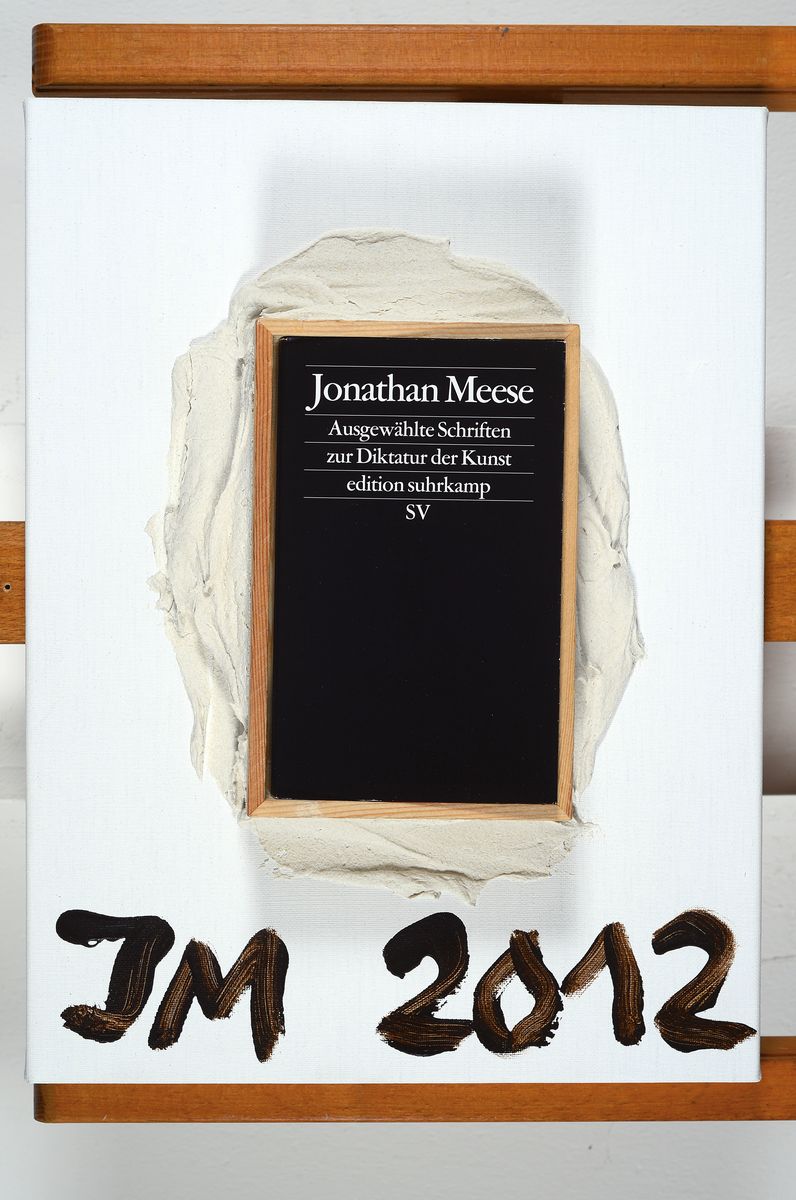 Detail k: Jonathan Meese, geb. 1970, Multiple: Buch in Holzrahmen, montiert mit altweißer, körniger Spachtelmasse auf weißer Leinwand, das Buch ...