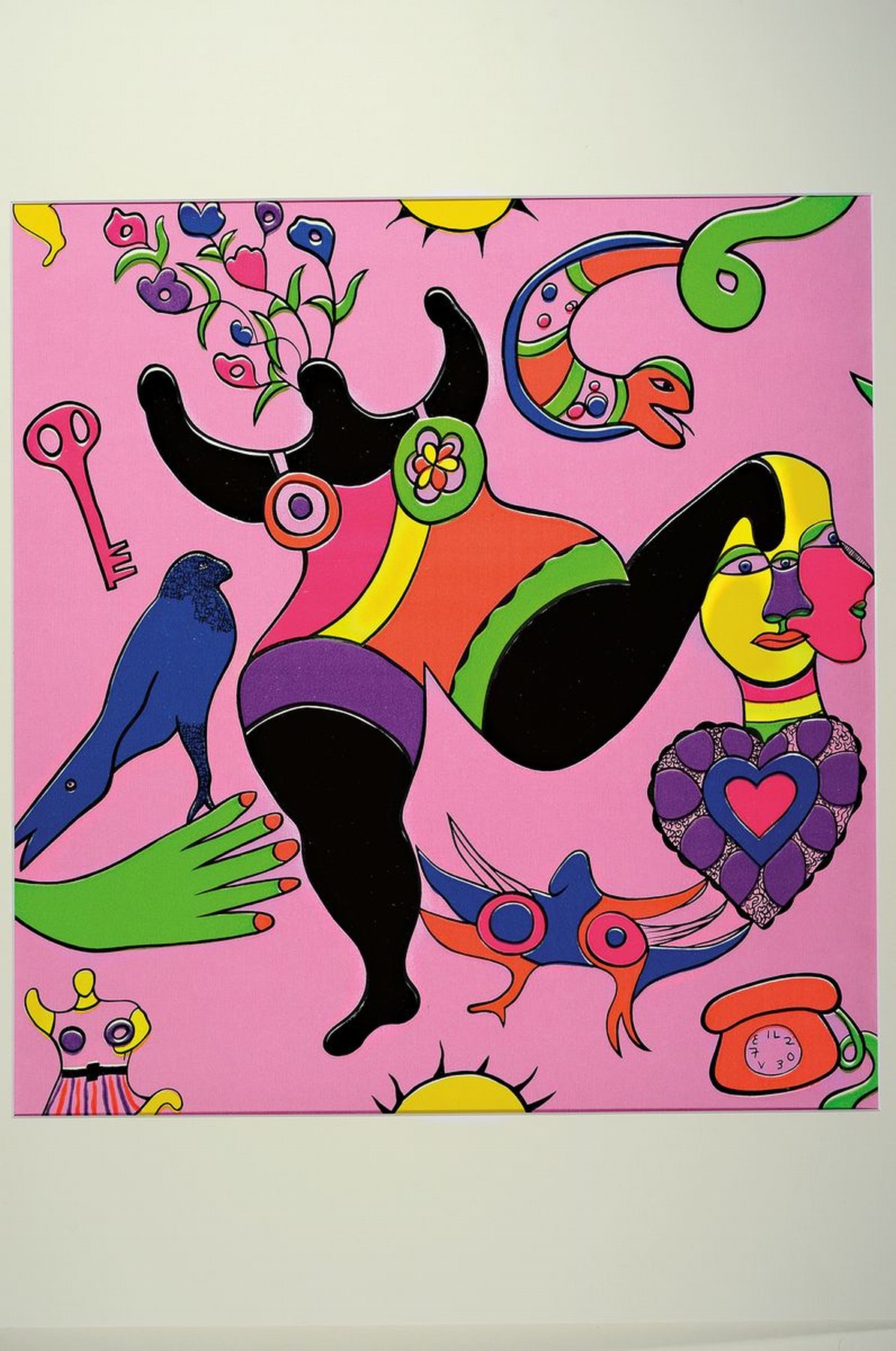 Detail k: Niki De Saint-Phalle, 1930-2002, Die große Nana, Farbserigrafie auf Tapetenstück, PP, Motiv ca. 56x53 cm, gesamt ca. 80x60 cm