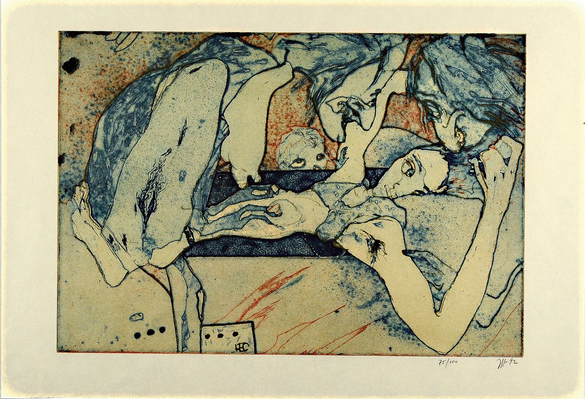 Horst Janssen, 1929 - 1995, Farbaquatintaradierung auf Japanpapier, handsigniert, 75/100, Blattmaß: 44.5 x 65 cm, dat. 1992, unter Glas, Rahmen ca. ...