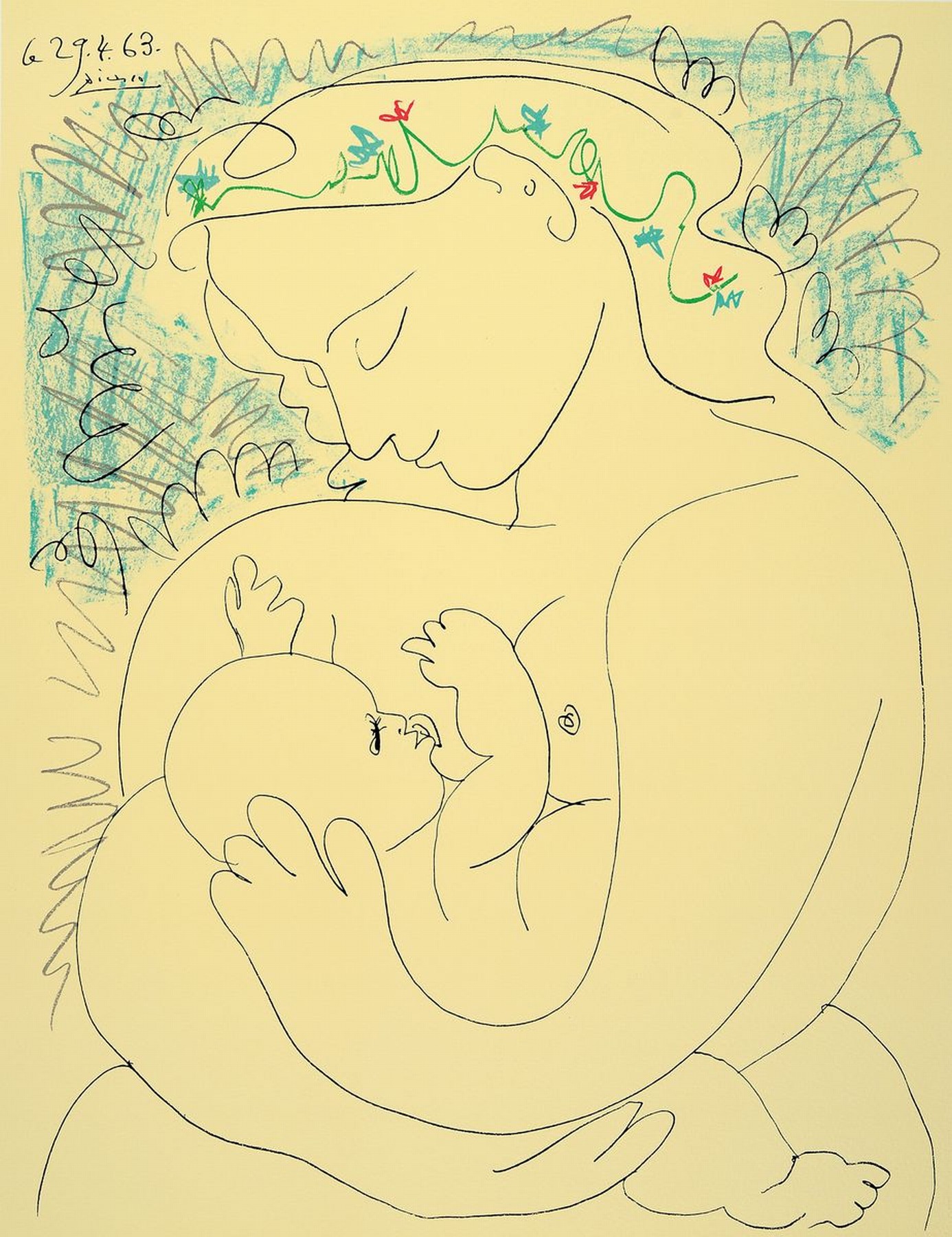 Pablo Picasso, 1881-1973, Titel: Maternite, Farblithografie auf Bütten, im Stein sign. und dat., Knicke zusehen, ca. 50x65 cm