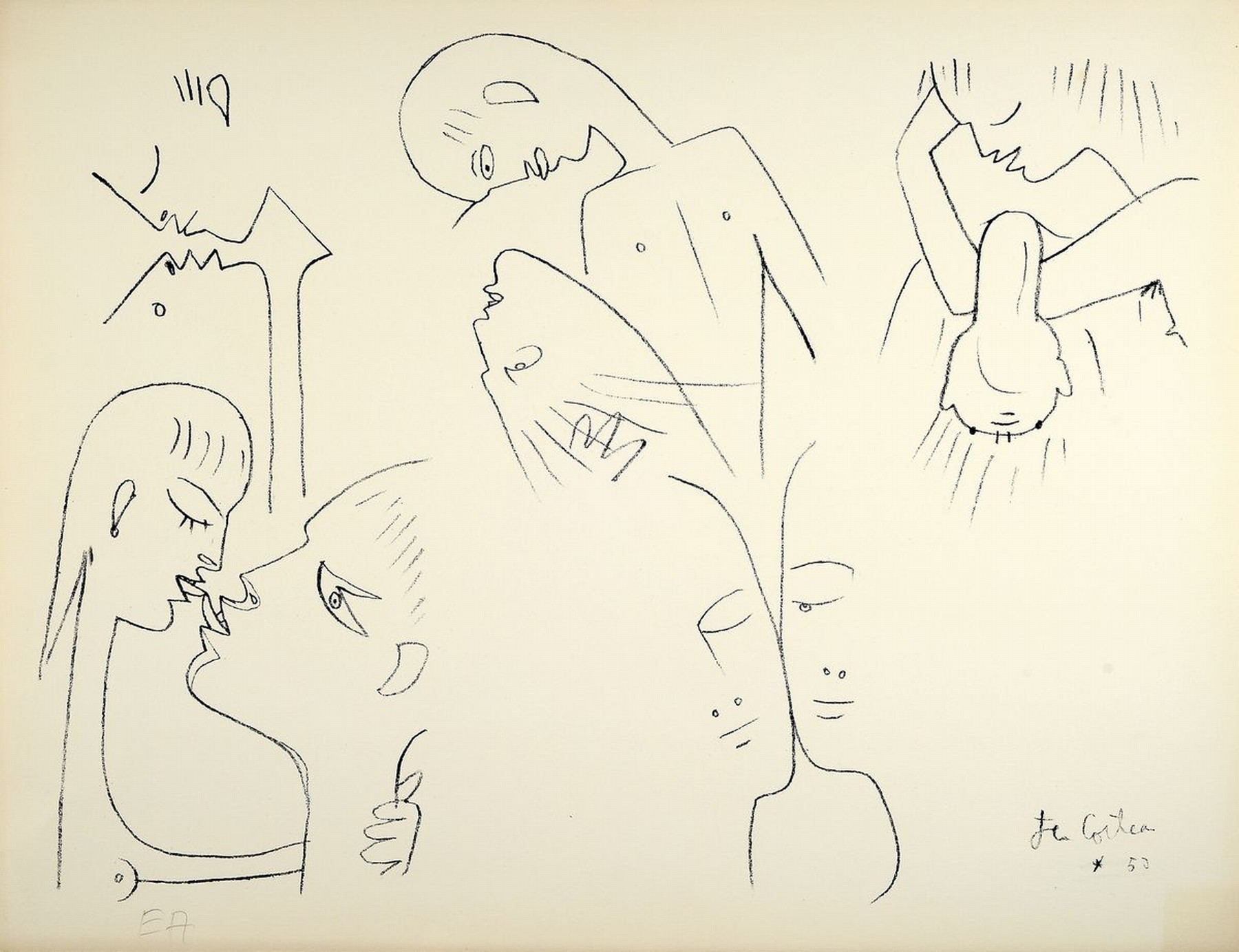 Jean Cocteau, 1889-1963, Lithografie, Druck-Verlag: Mourlot Paris 1950, sign., dat. e.a., ca. 50x65 cm