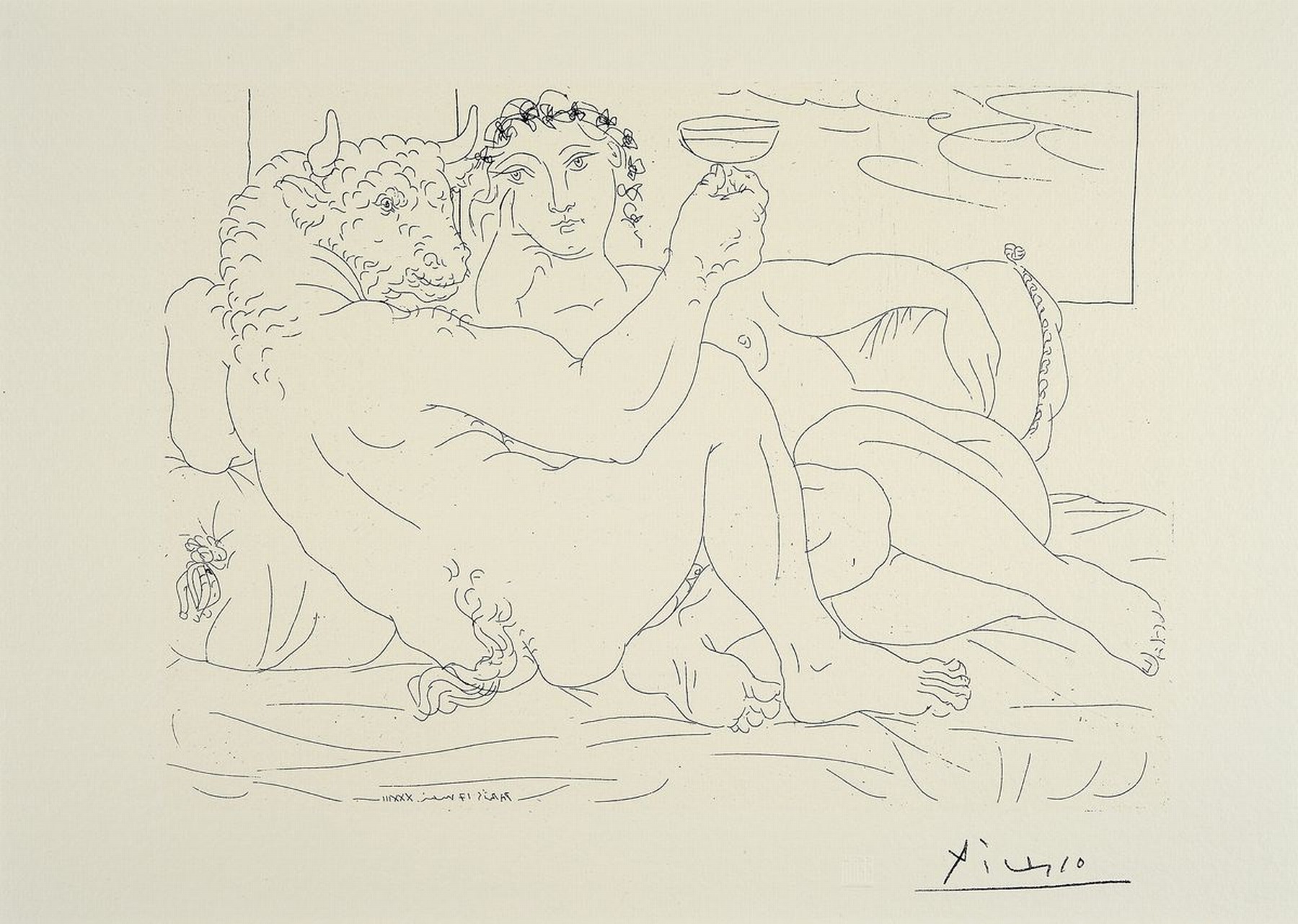 Pablo Picasso, 1881-1973, Titel: Minotaurus mit...., Lithografie, Drucker Verlag: St. Museum Müllheim 1992 vergl. Block WZ 190, PP, Motiv ca. 35x45 ...