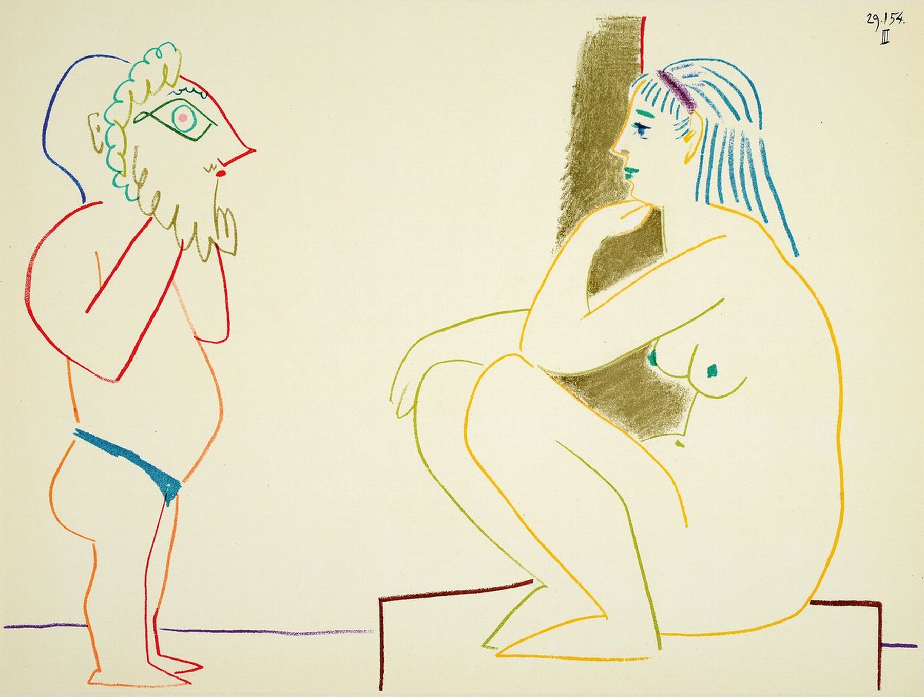 Pablo Picasso, 1881-1973, Titel: Model und ..., Farblithografie, Drucker Verlag: Mourlot, Paris 1954, PP, ca. 26x35 cm , gesamt ca. 40x50 cm