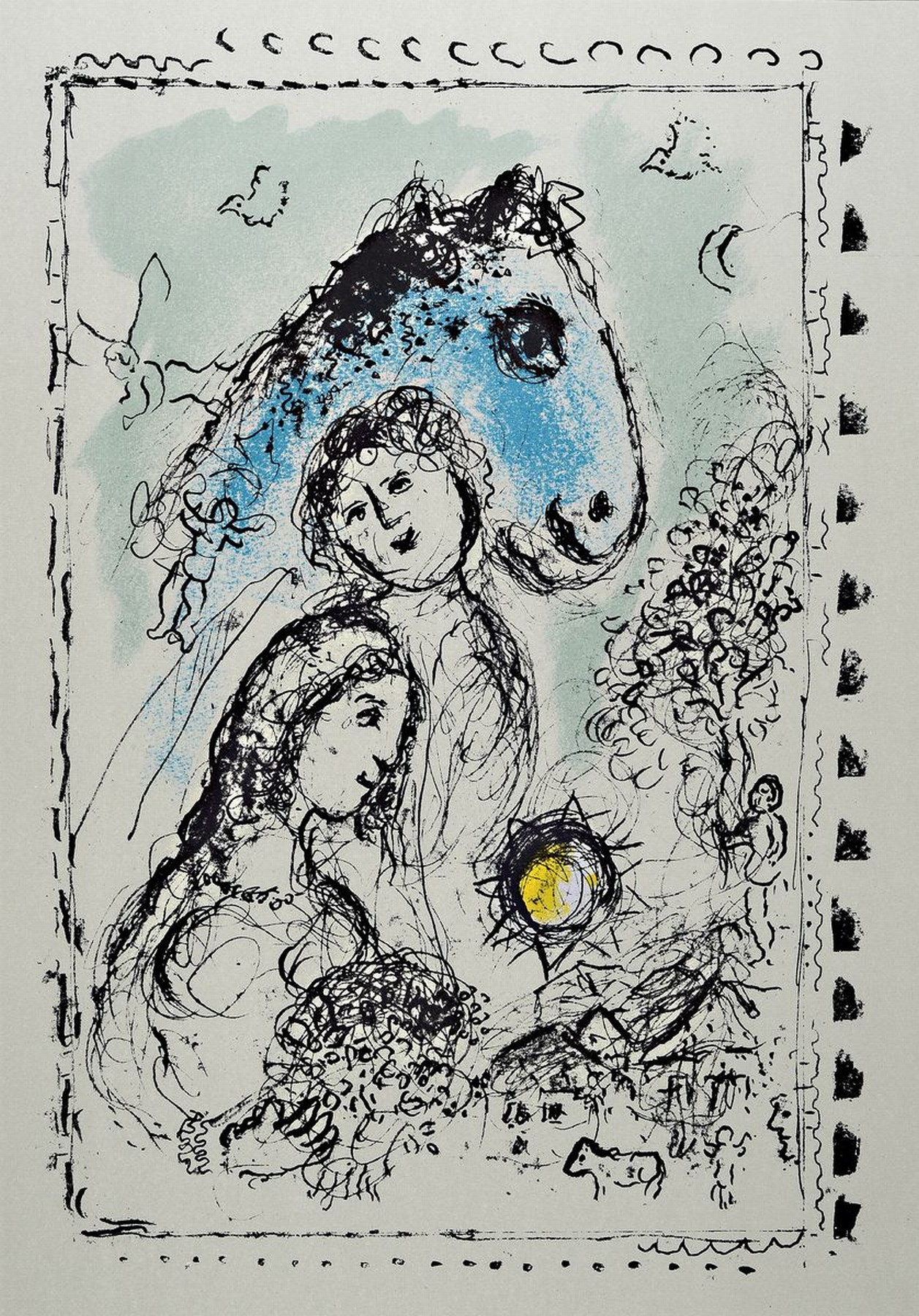Marc Chagall, 1887-1985, Titel: Blaues Pferd mit Paar, Drucker Verlag: Mourlot 993, PP, Motiv ca. 40x28 cm, gesamt ca. 50x40 cm, gebrsp. zusehen