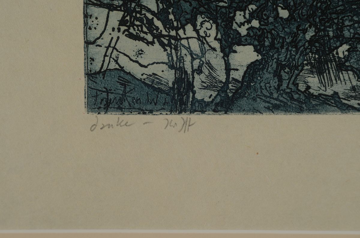 Detail a: Horst Janssen, 1929 1995, Radierung auf feinem Japanbütten, "Eiderland", handsigniert,Probedruck für den Drucker vor der eigentlichen ...