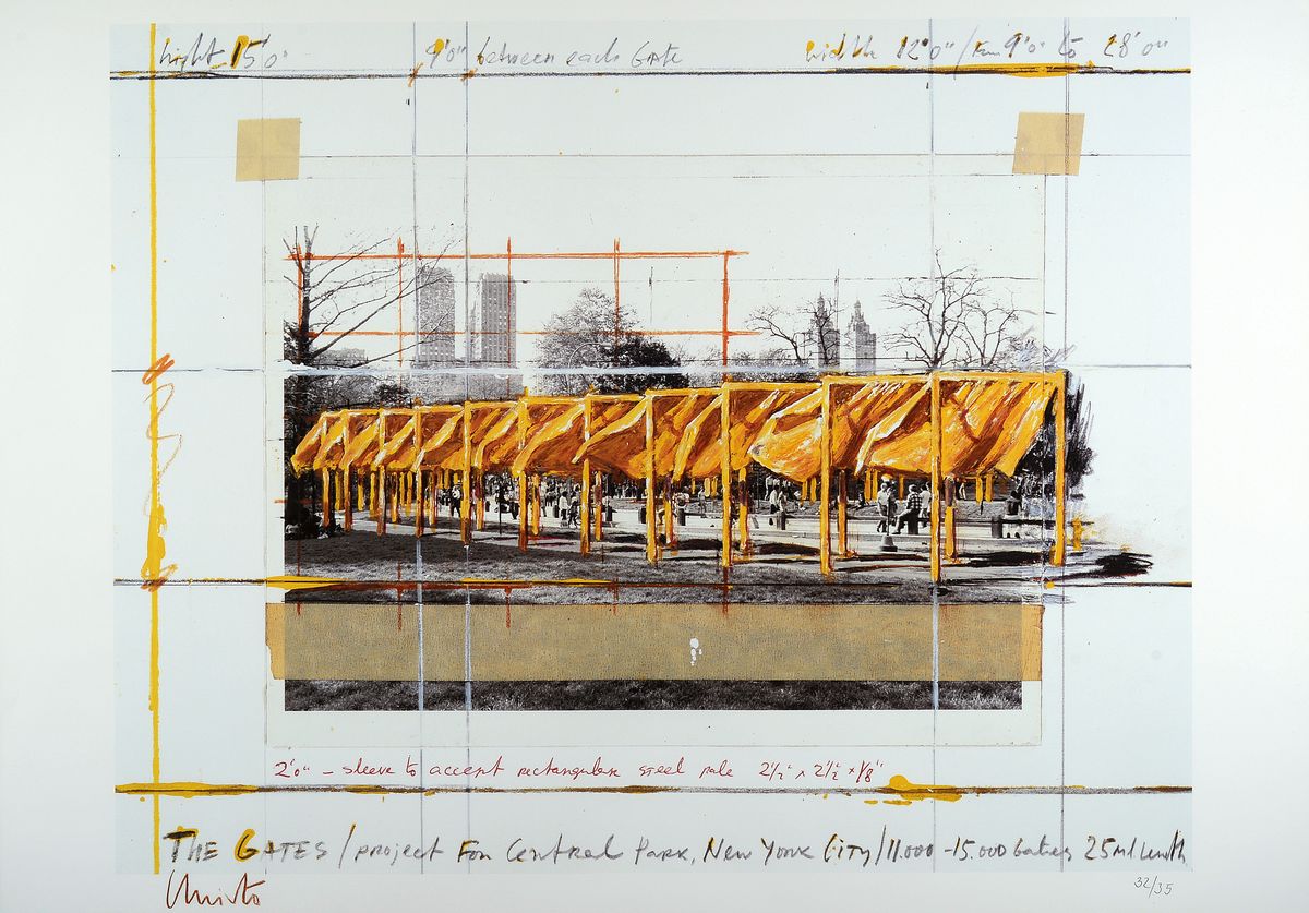 Christo, 1935 - 2020, kleine Edition einer Offsetlitho, "The Gates",handsigniert, num. 32/35, von 1994, 59.5 x 84 cm, unter Glas, Rahmen: ...