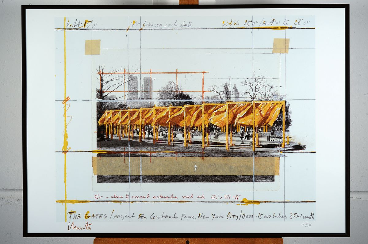 Detail k: Christo, 1935 - 2020, kleine Edition einer Offsetlitho, "The Gates",handsigniert, num. 32/35, von 1994, 59.5 x 84 cm, unter Glas, Rahmen: ...
