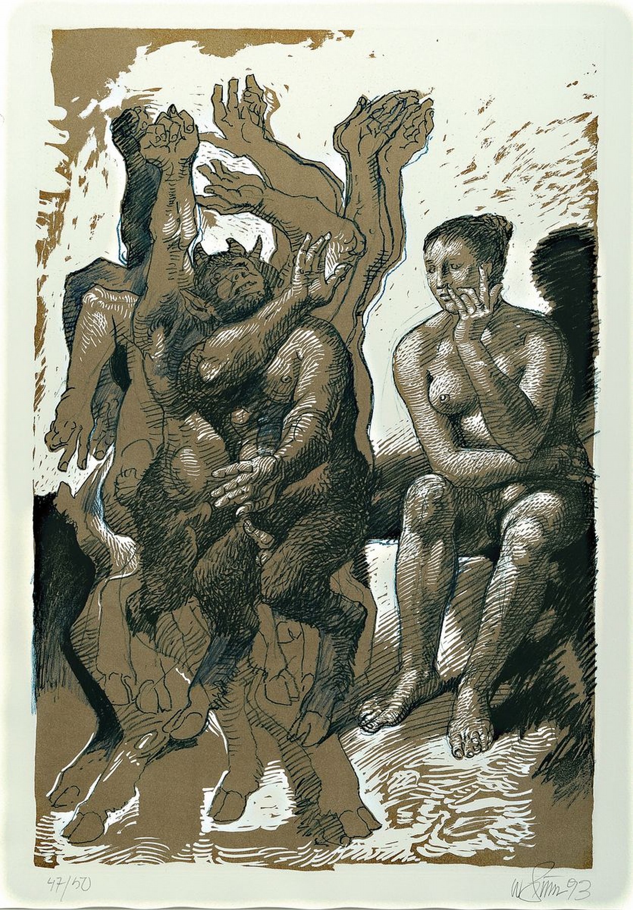 Willi Sitte, 1921 Kratzau - 2015 Halle, Litho auf dickem Büttenpapier, Satyr und Frauenakt, signiert, num.47/50, gesamt: ca. 94 x 63 cm unter Glas ...