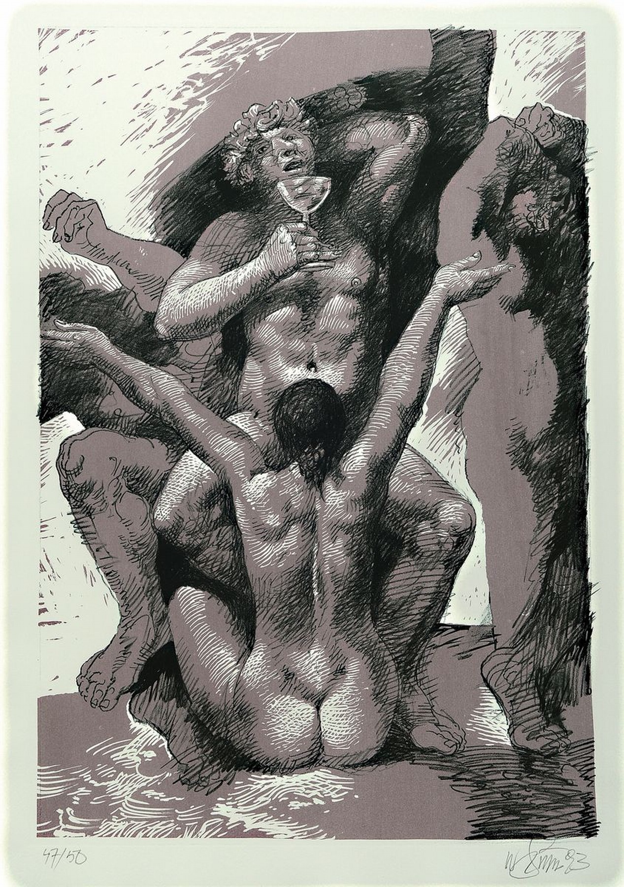 Willi Sitte, 1921 Kratzau - 2015 Halle, Litho auf dickem Büttenpapier, Bacchus und Gespielin, signiert und num. 47/50, ca. 94 x 63 cm gesamt, unter ...