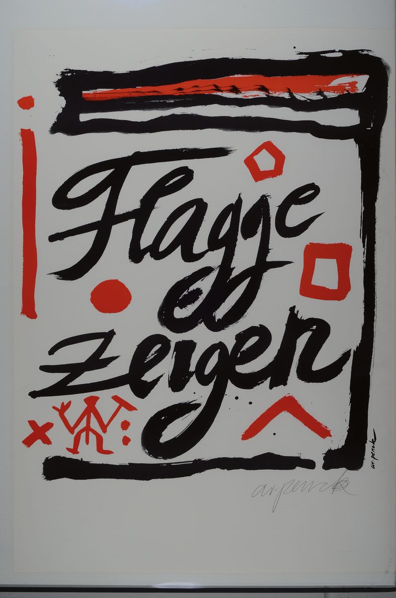 Detail k: A.R. Penck, 1939 Dresden - 2017, "Flagge zeigen", nur 35 handsignierte Exp., rückseitig von fremder Hand num. 32/35, 84 x 59.5 cm