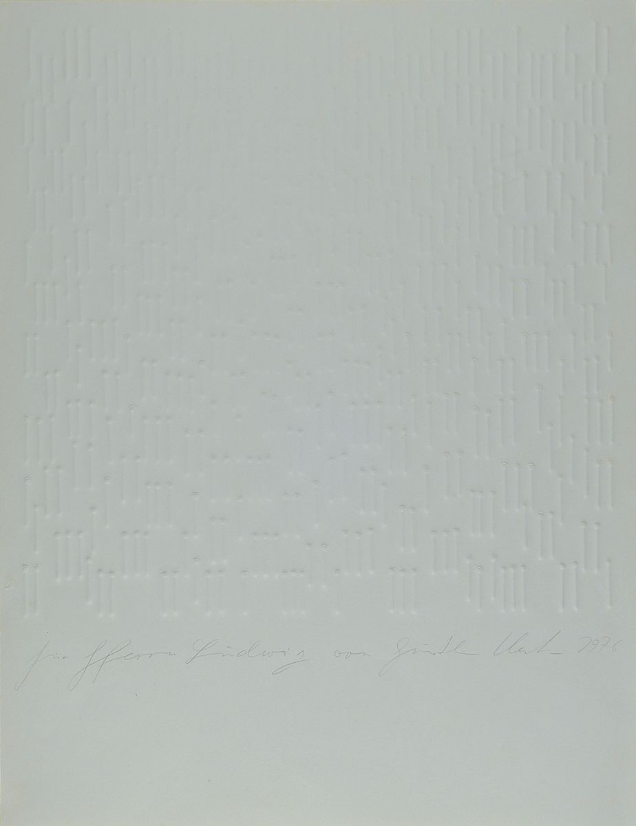 Günther Uecker, geb. 1930, Prägedruck, handsigniert, datiert 1976, Auflage 100, Unikatcharakter, da mit Widmung, Blattgröße 64.5 x 49.5 cm, ...