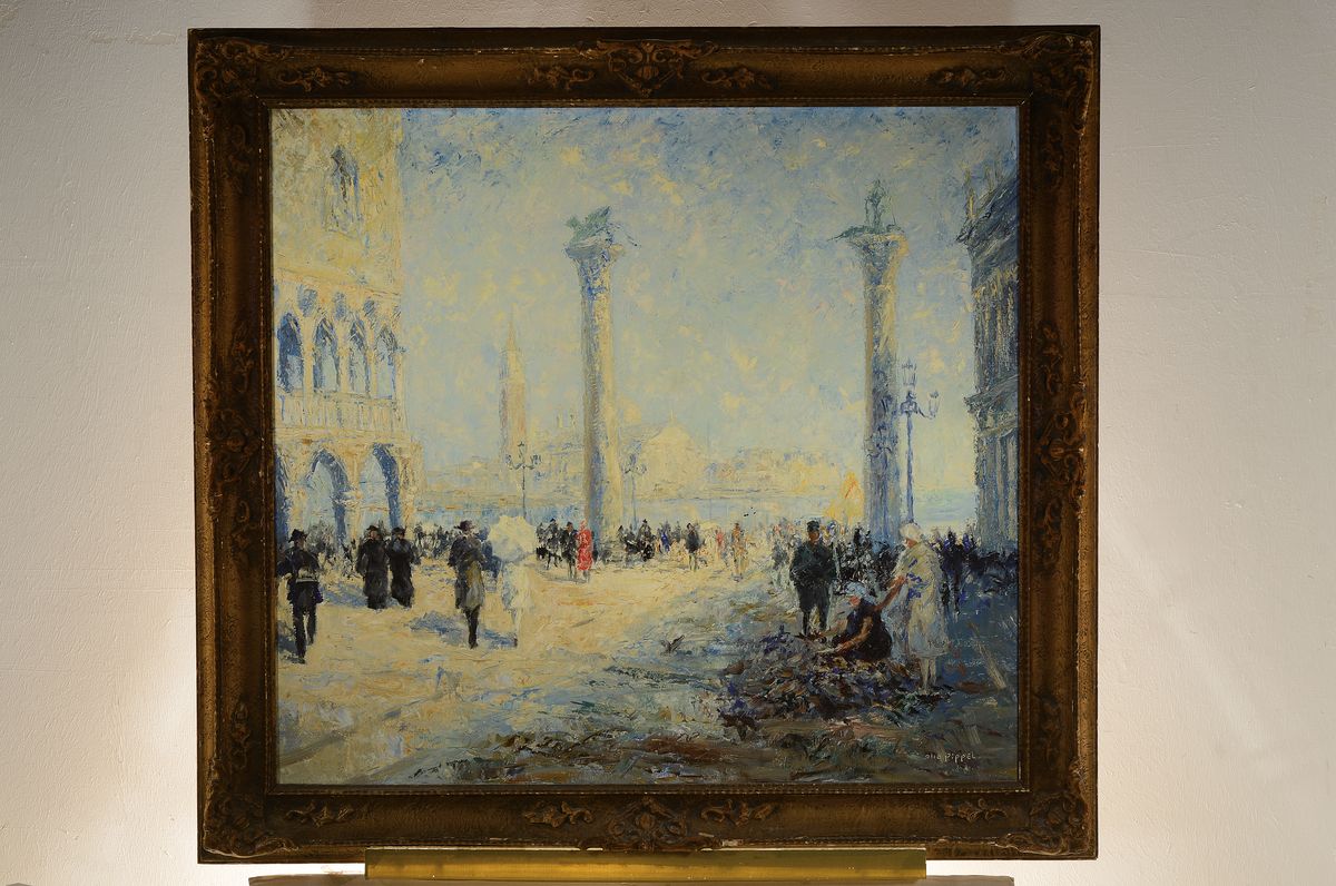 Detail k: Otto Pippel, 1878 - 1960, "Venedig" Markusplatz mit zahlreichen flanierenden Spaziergängern, Öl/Leinwand, re. u. handsigniert, ca. 96.5 x ...