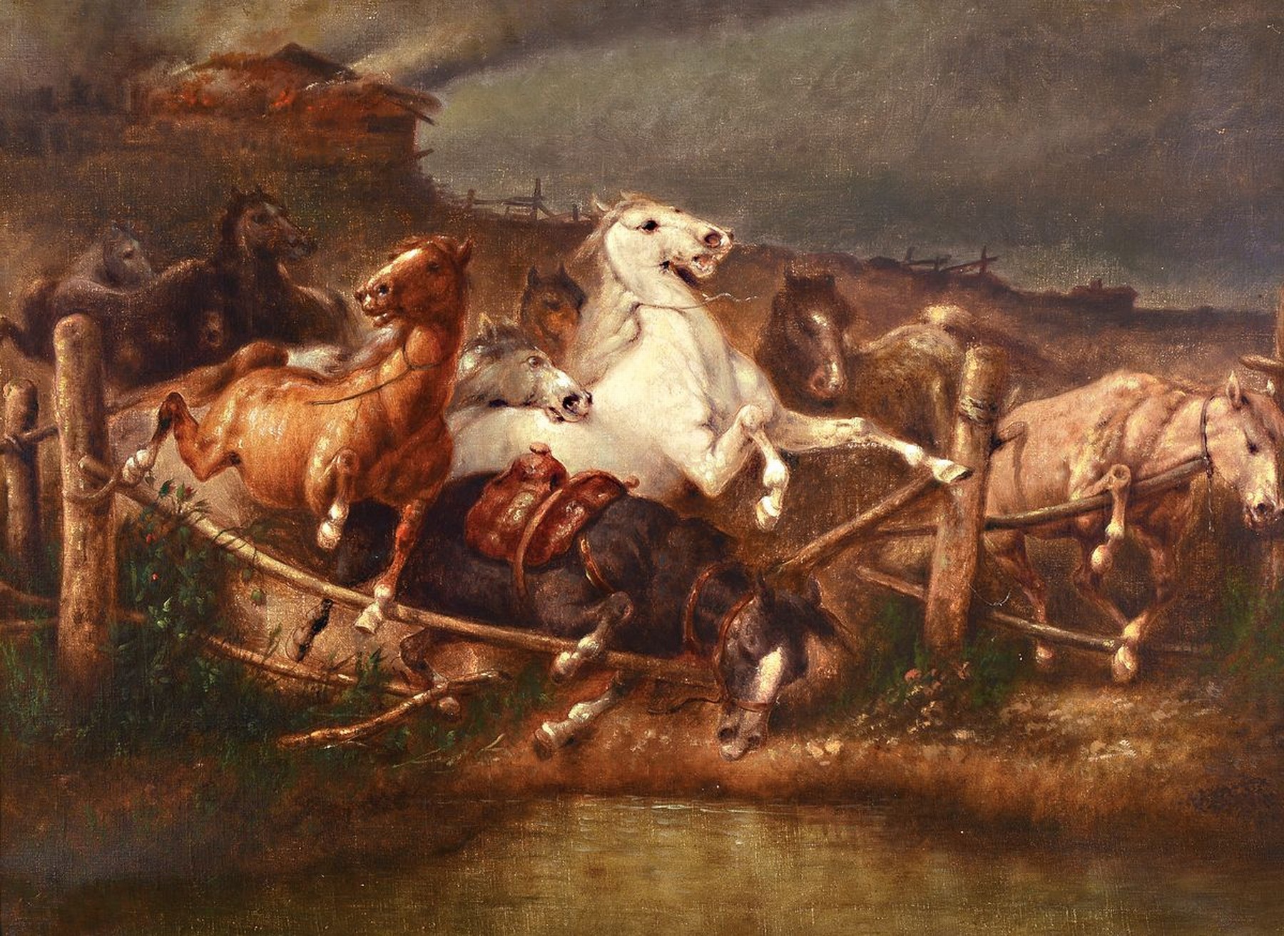 Unbekannter Künstler, süddeutsch, 2. Hälfte 19. Jh., flüchtende Pferde, im Hintergrund eine brennende Stadt, Öl/Lwd, doubliert, ca. 70x95cm, R. ...