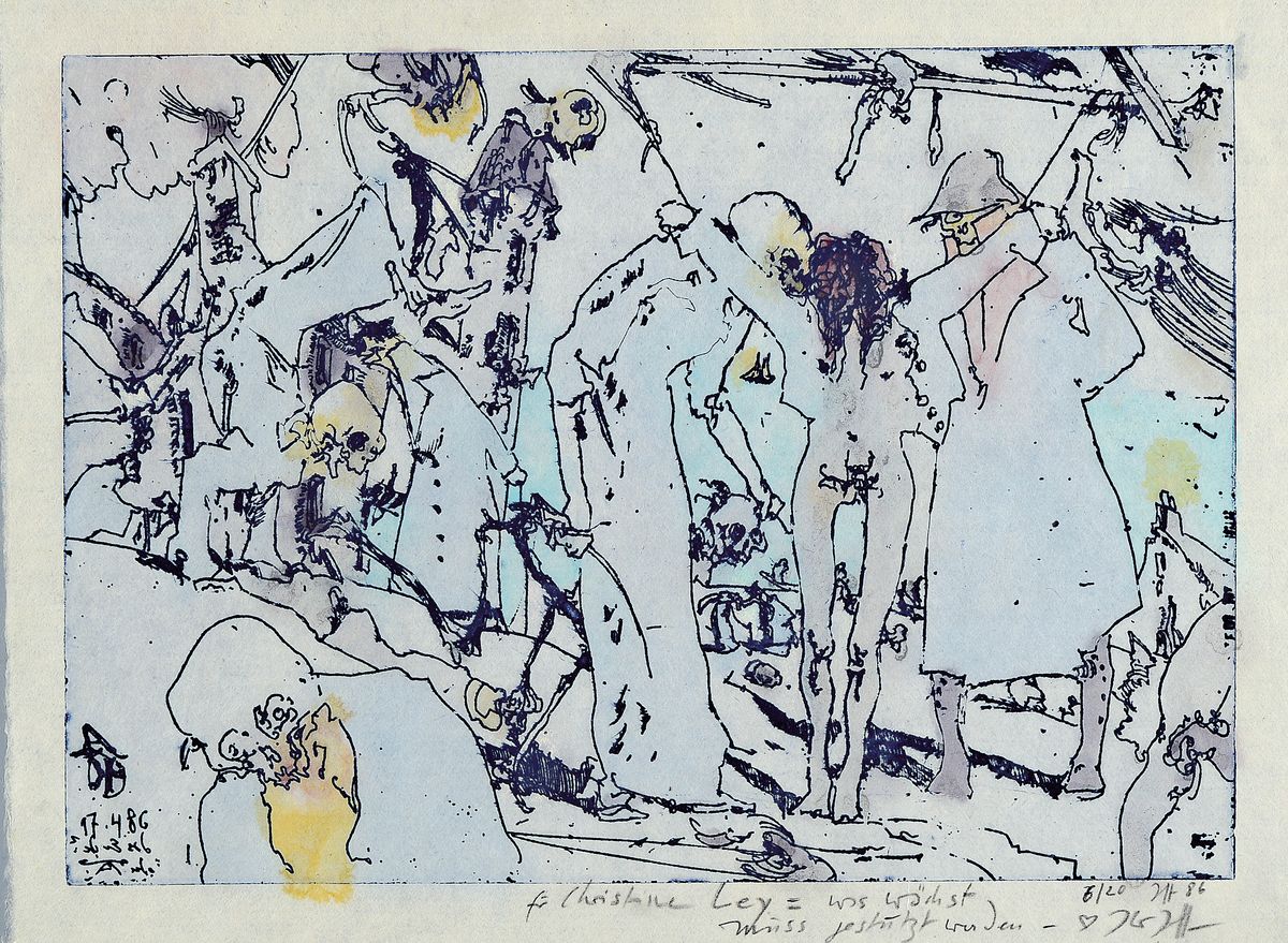 Horst Janssen, 1929-1995, hand kolorierte Radierung mit Widmung und kleiner Herzchenzeichnung, handsigniert, aus 1986, Auflage 20, hier 6/20, ...
