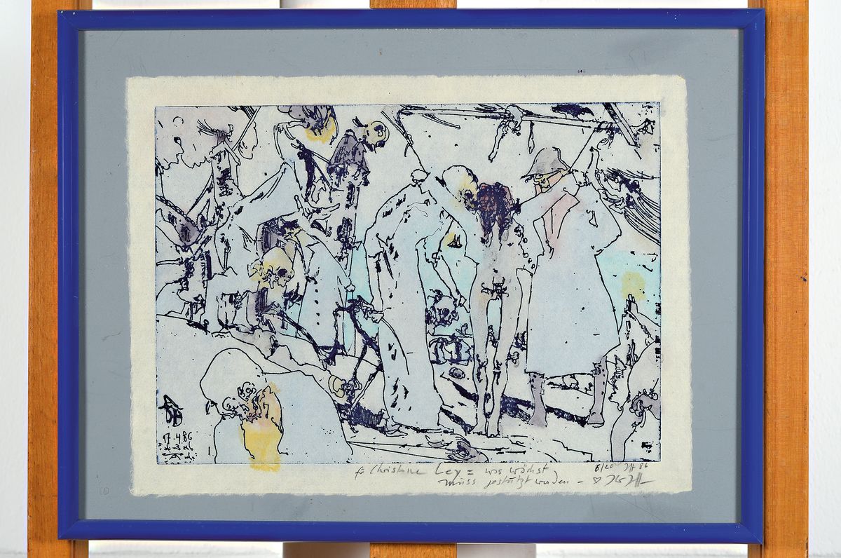 Detail k: Horst Janssen, 1929-1995, hand kolorierte Radierung mit Widmung und kleiner Herzchenzeichnung, handsigniert, aus 1986, Auflage 20, hier 6/20, ...