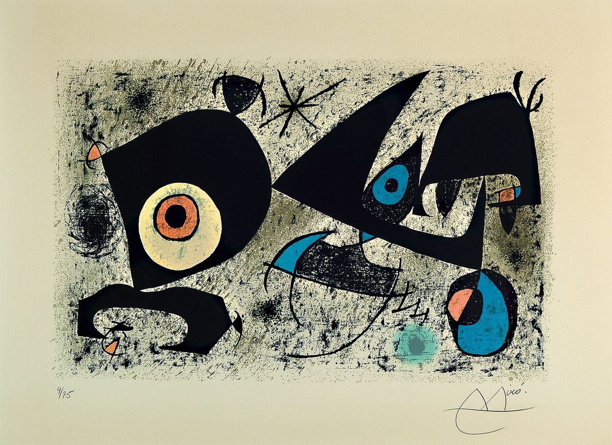 Joan Miro, 1893 - 1983, Farblitho auf Arches-Velin ( mit Wasserzeichen) "Hommage a Miro, handsigniert und num. 9/75, es stammt aus dem Jahre ...