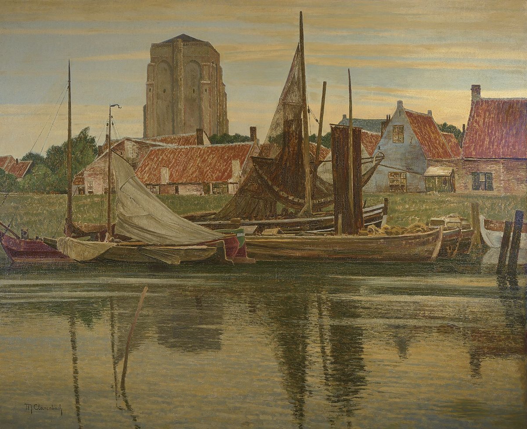 Max Clarenbach, 1880 Neuss - 1952 Wittlaer, bedeutender Künstler der rheinischen Malerei, Fischerhafen am Abend, Öl/Lwd, signiert und dat. 1930, ...