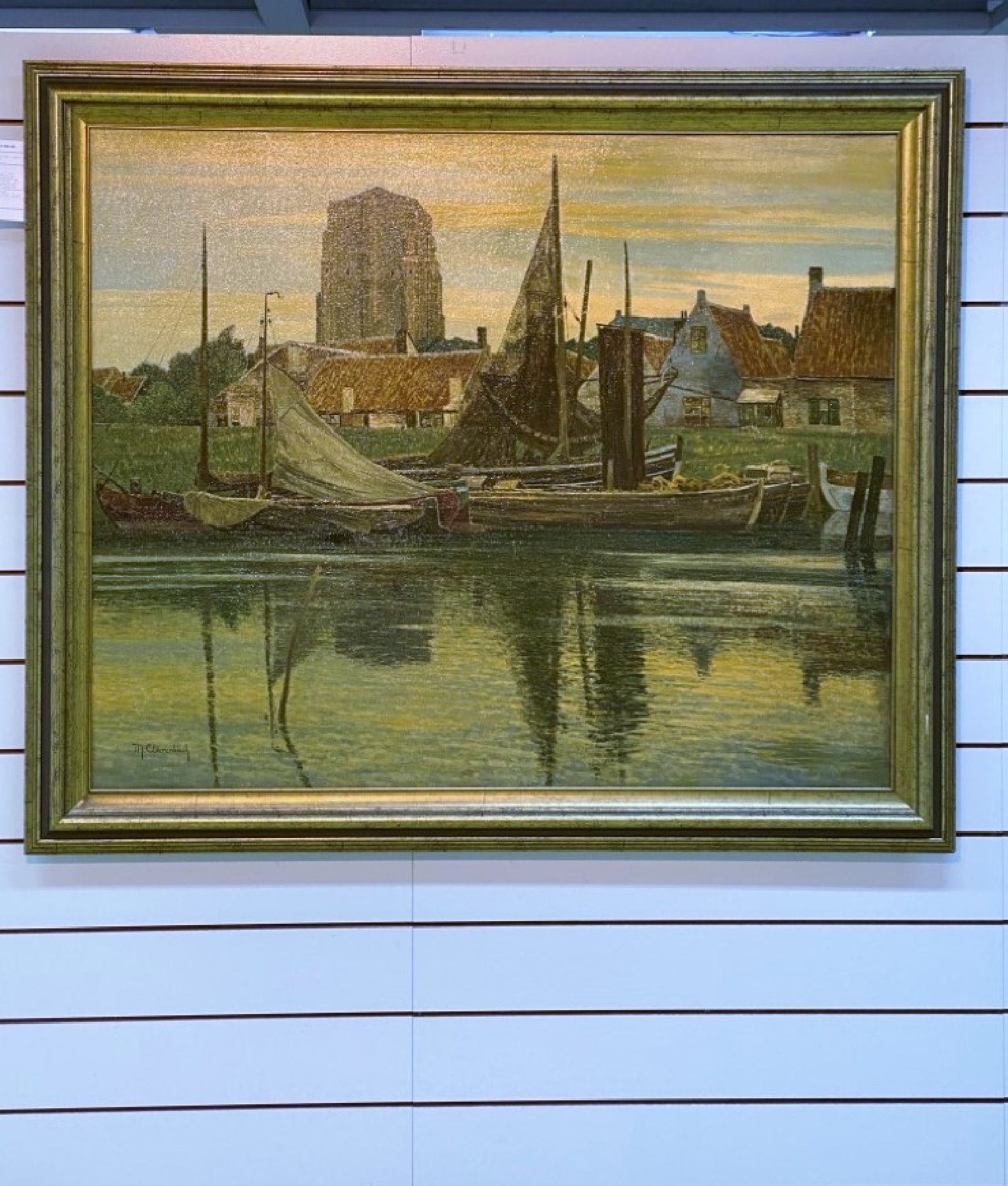 Detail d: Max Clarenbach, 1880 Neuss - 1952 Wittlaer, bedeutender Künstler der rheinischen Malerei, Fischerhafen am Abend, Öl/Lwd, signiert und dat. 1930, ...