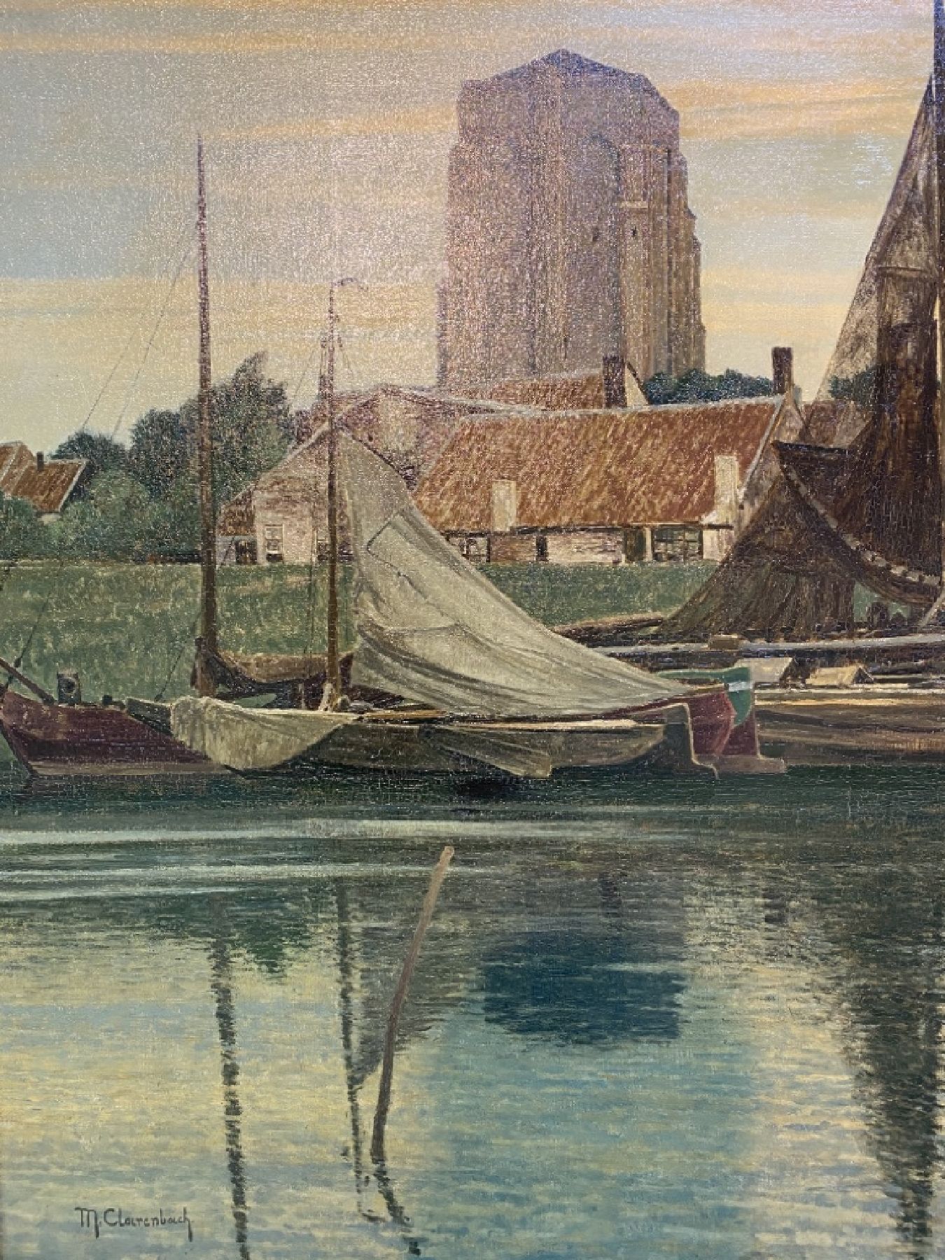 Detail f: Max Clarenbach, 1880 Neuss - 1952 Wittlaer, bedeutender Künstler der rheinischen Malerei, Fischerhafen am Abend, Öl/Lwd, signiert und dat. 1930, ...