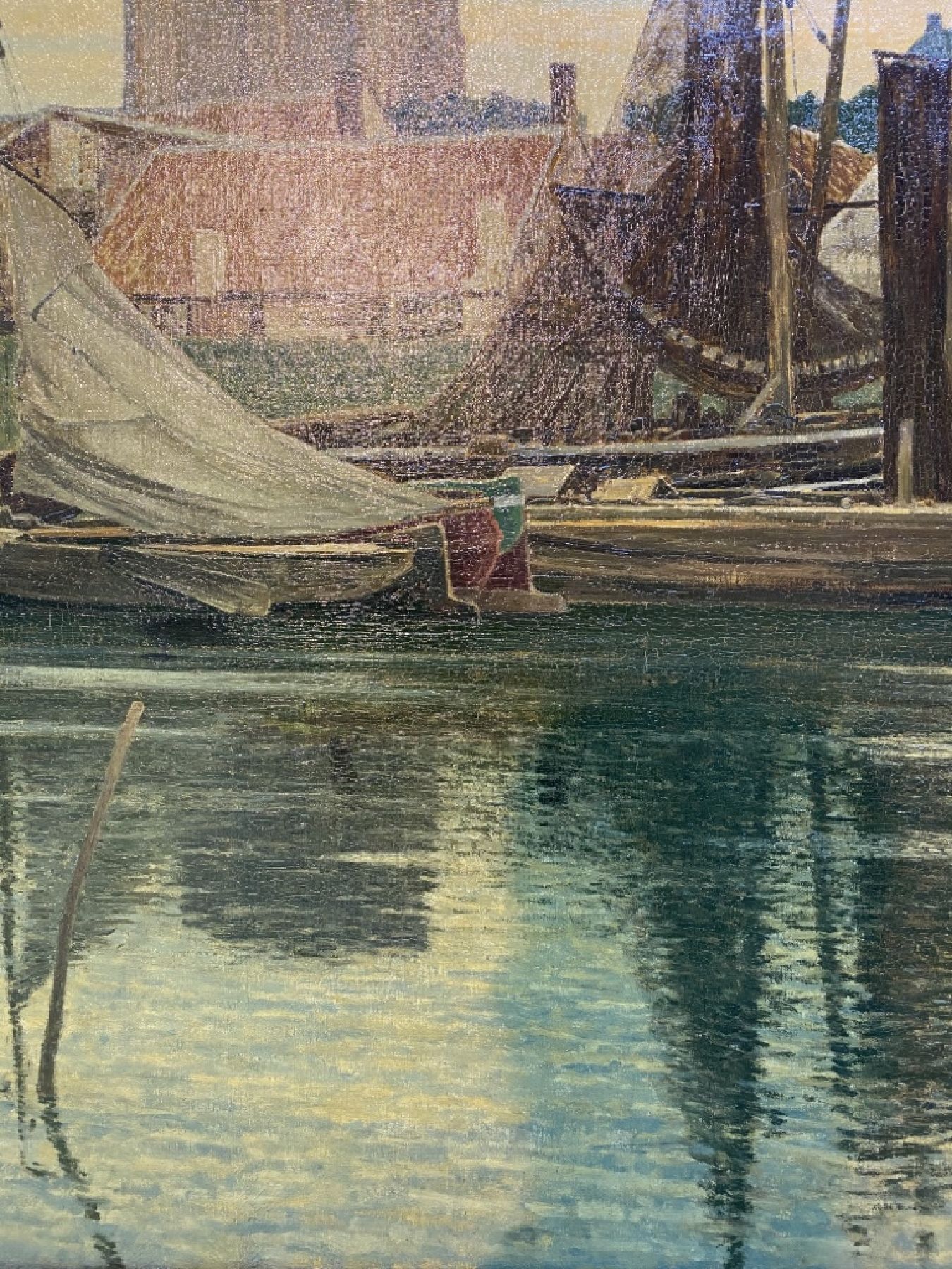 Detail g: Max Clarenbach, 1880 Neuss - 1952 Wittlaer, bedeutender Künstler der rheinischen Malerei, Fischerhafen am Abend, Öl/Lwd, signiert und dat. 1930, ...