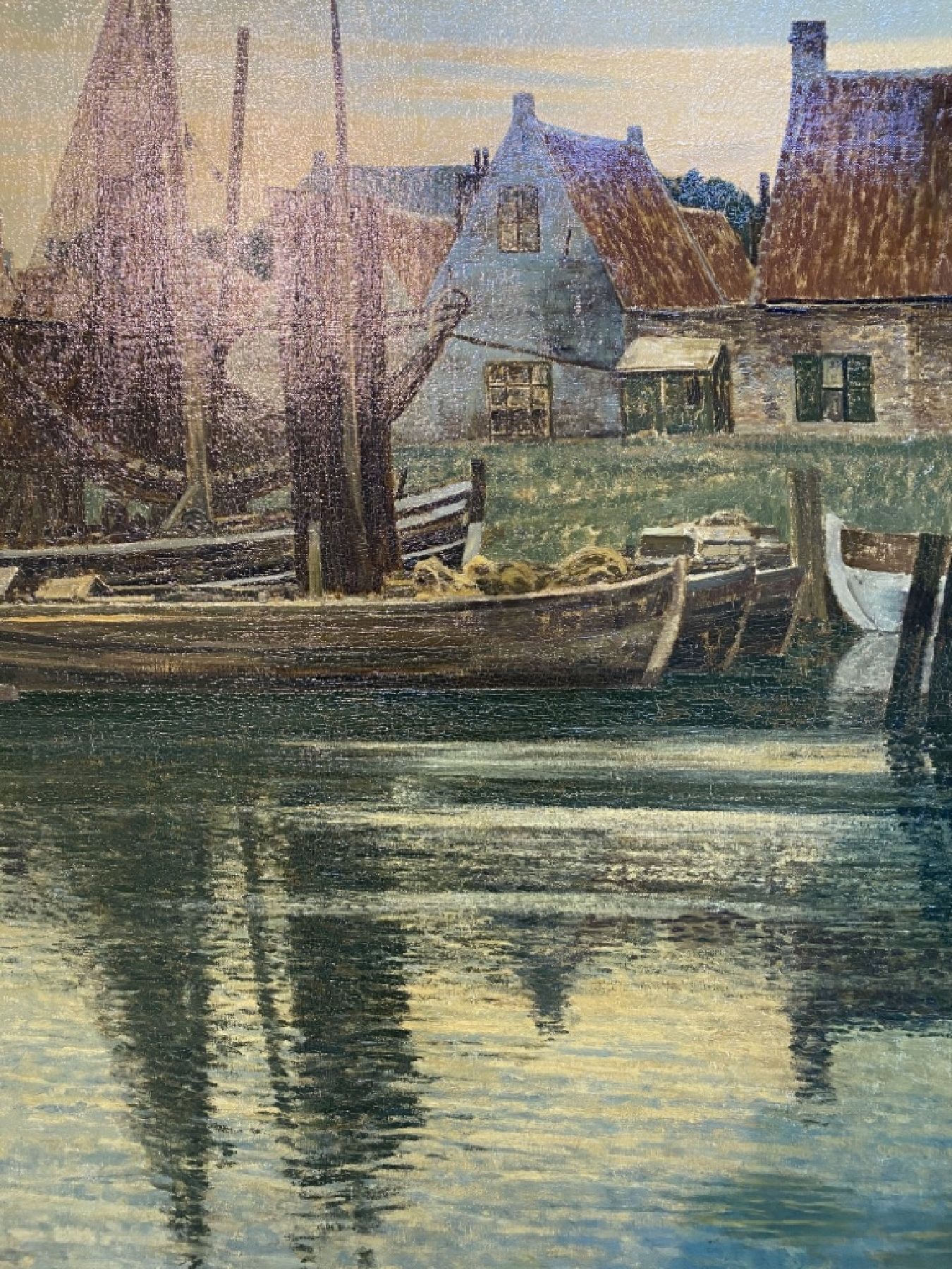 Detail h: Max Clarenbach, 1880 Neuss - 1952 Wittlaer, bedeutender Künstler der rheinischen Malerei, Fischerhafen am Abend, Öl/Lwd, signiert und dat. 1930, ...