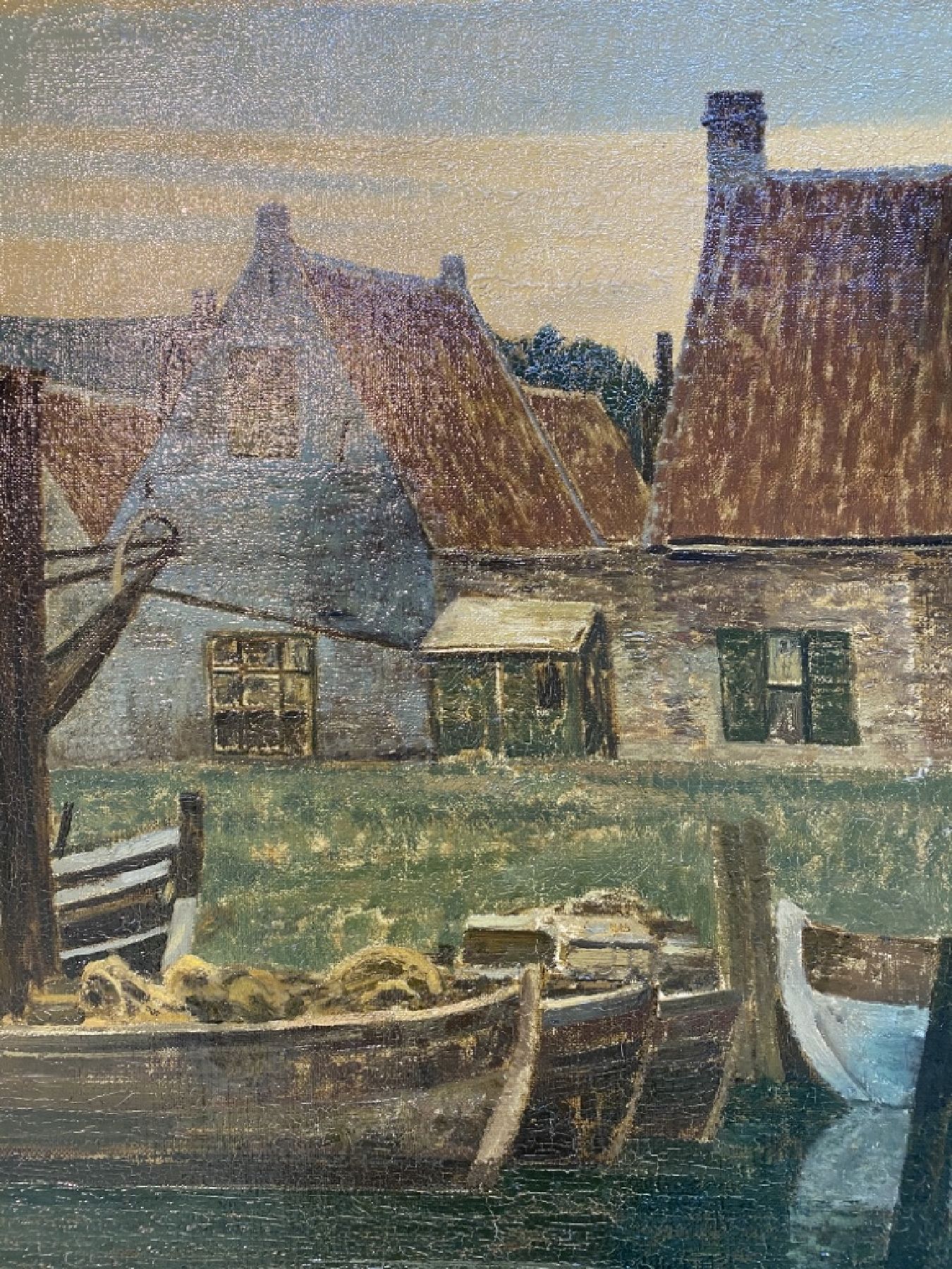 Detail i: Max Clarenbach, 1880 Neuss - 1952 Wittlaer, bedeutender Künstler der rheinischen Malerei, Fischerhafen am Abend, Öl/Lwd, signiert und dat. 1930, ...