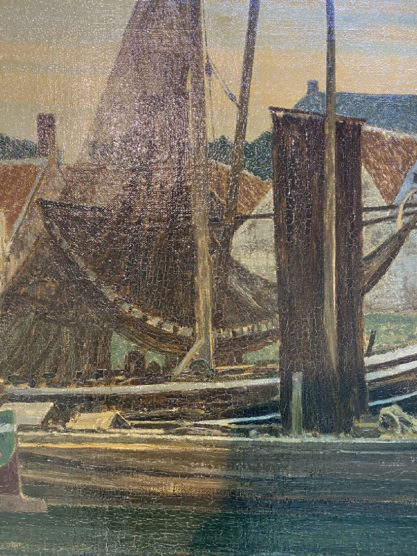 Detail j: Max Clarenbach, 1880 Neuss - 1952 Wittlaer, bedeutender Künstler der rheinischen Malerei, Fischerhafen am Abend, Öl/Lwd, signiert und dat. 1930, ...