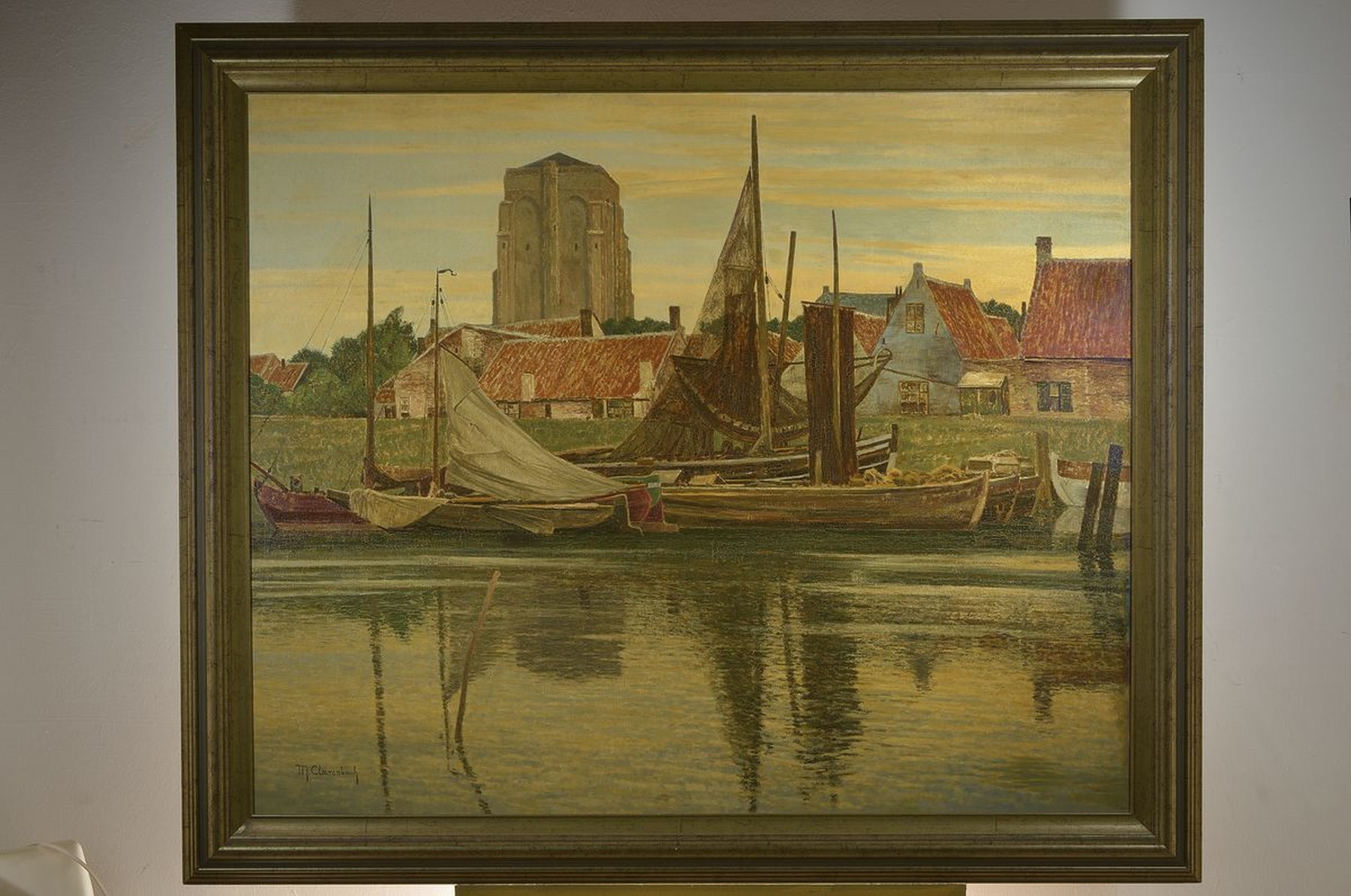 Detail k: Max Clarenbach, 1880 Neuss - 1952 Wittlaer, bedeutender Künstler der rheinischen Malerei, Fischerhafen am Abend, Öl/Lwd, signiert und dat. 1930, ...