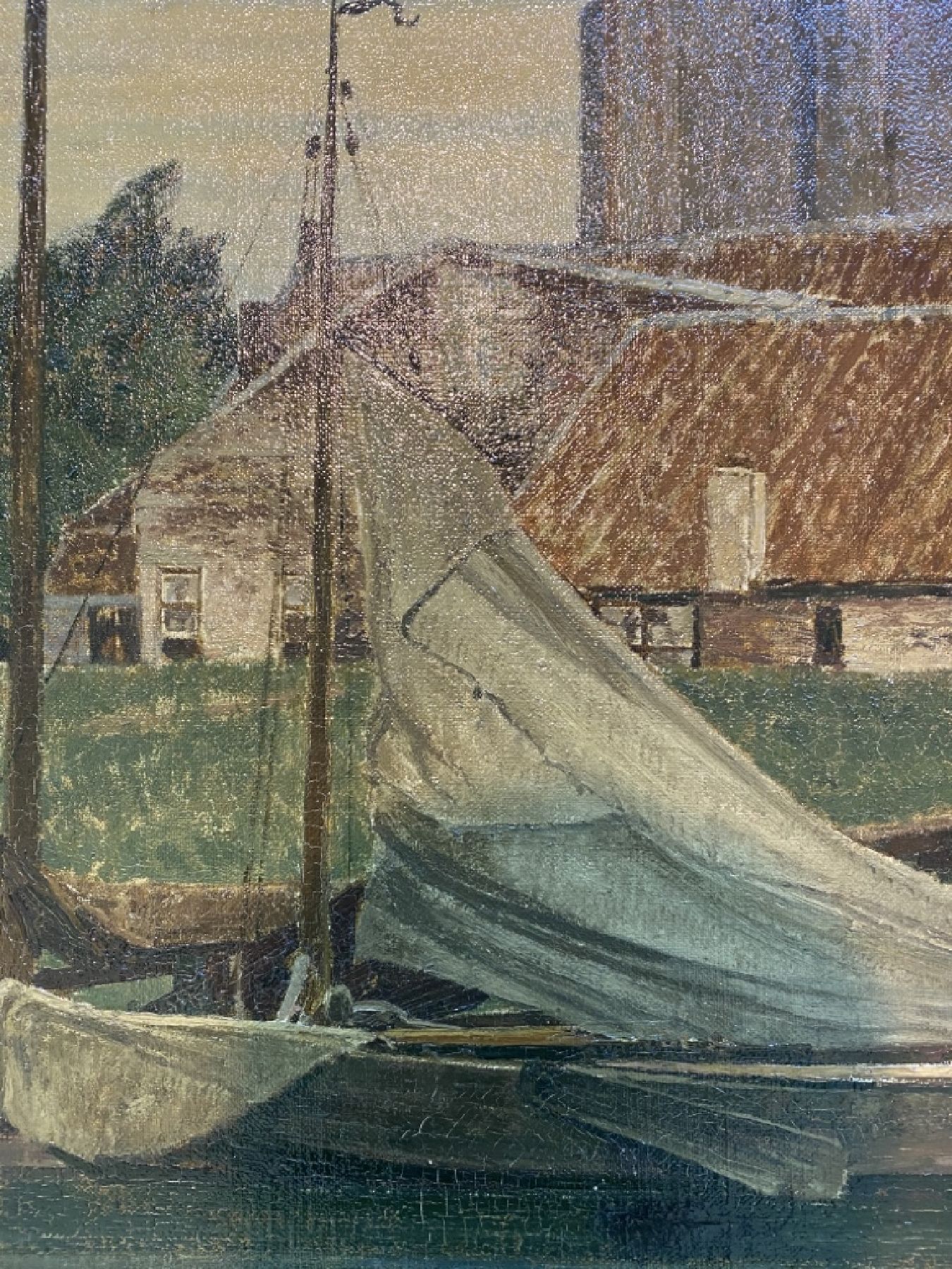 Detail l: Max Clarenbach, 1880 Neuss - 1952 Wittlaer, bedeutender Künstler der rheinischen Malerei, Fischerhafen am Abend, Öl/Lwd, signiert und dat. 1930, ...