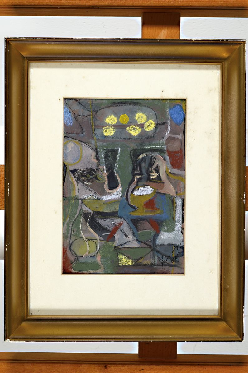 Detail k: Eva Nagy, 1921 - 2003, Tempera und Öl/ Papier, abstr. Stillleben, re. u. signiert und dat. 1965, PP. 19.5 x 14 cm, unter Glas Rahmen: 33 x 26.3 cm, ...