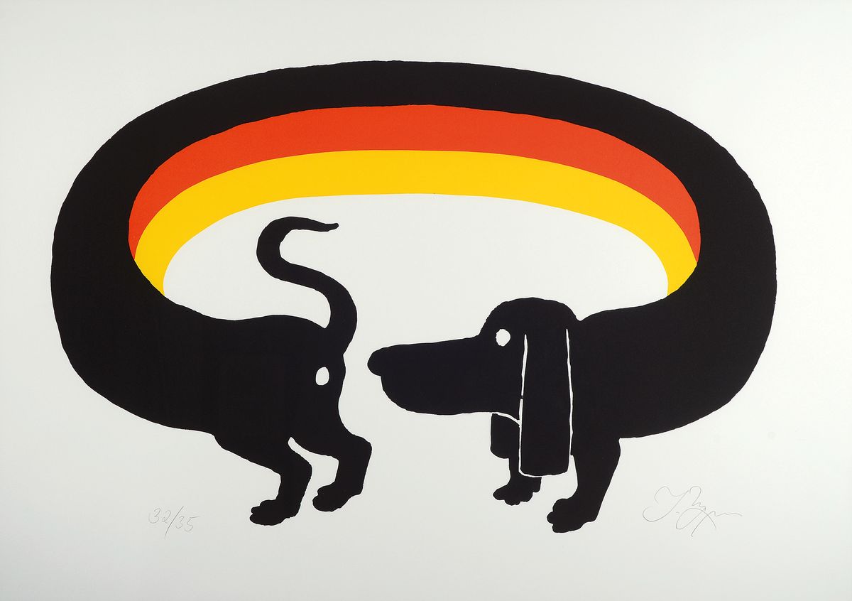 Tomi Ungerer, 1931 - 2019, Serigraphie auf dickem Papier, Ost meets West, handsigniert 32/35, ca. 84 x 59.5 cm, unter Glas, Rahmen