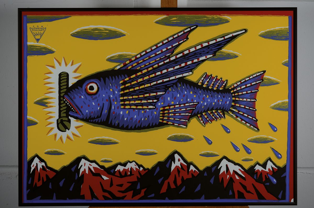 Detail k: Henning Wagenbreth, geb. 1962, glühende Zukunft, handsigniert und num. 32/35, Farbsiebdruck, ca. 59.4 x 84 cm, unter Glas, Rahmen