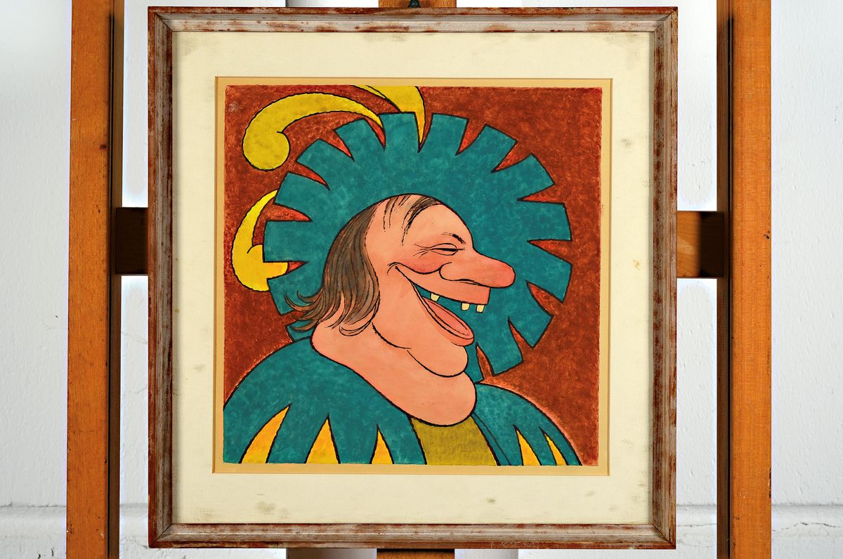Detail k: Willi Hertlein, 1908 - 1968, humoristisches Porträt, Mischtechnik, direkt aus dem Künstler-Nachlass, ca. 25 x 24 cm, unter Glas, Rahmen