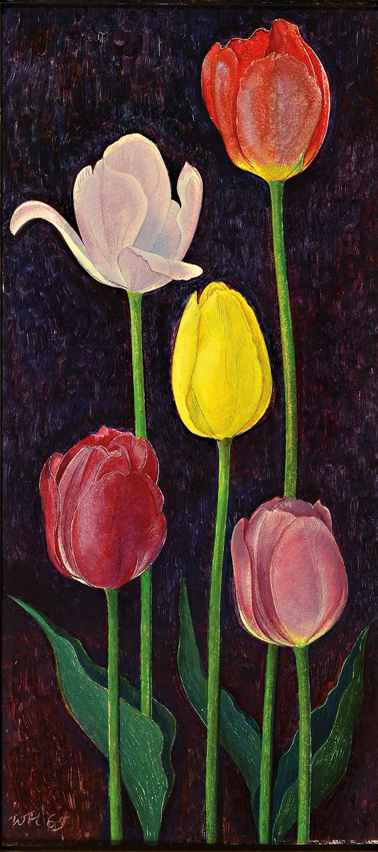 Willi Hertlein, 1908 - 1968, Stillleben mit Tulpen, Öl/Platte, signiert, direkt aus dem Künstler-Nachlass, ca. 55 x 26cm, unter Glas, Rahmen: 62 x ...