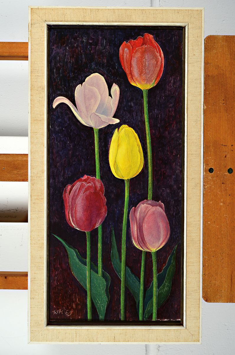 Detail k: Willi Hertlein, 1908 - 1968, Stillleben mit Tulpen, Öl/Platte, signiert, direkt aus dem Künstler-Nachlass, ca. 55 x 26cm, unter Glas, Rahmen: 62 x ...