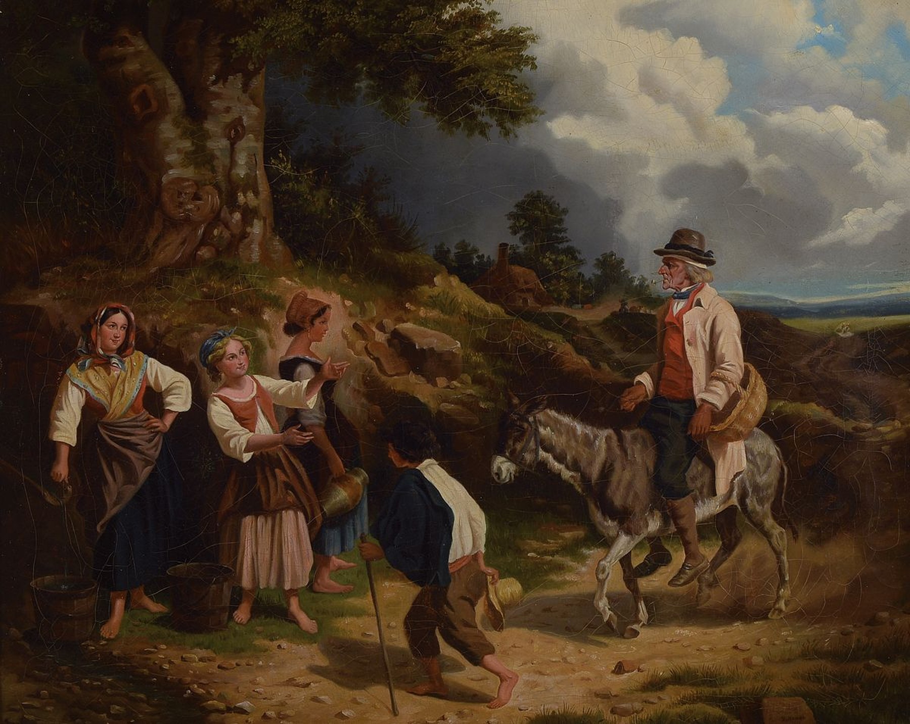 Hippolyte Bellange 1800-1866, Begegnung am Brunnen, Öl/Lwd, signiert, ca. 54 x 64.5 cm, Prunkrahmen 70 x 82.5 cm, l. Altersspuren