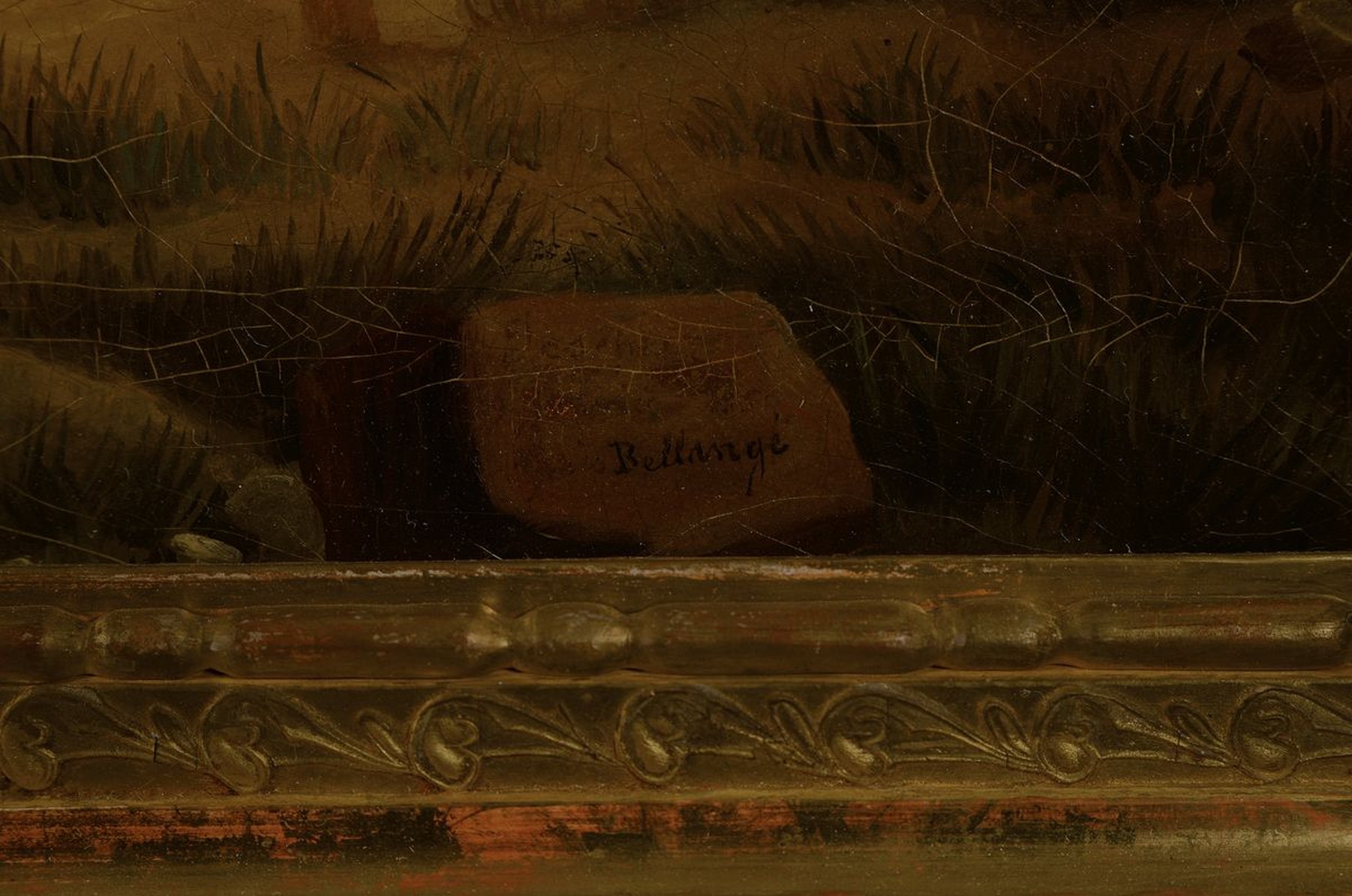 Detail a: Hippolyte Bellange 1800-1866, Begegnung am Brunnen, Öl/Lwd, signiert, ca. 54 x 64.5 cm, Prunkrahmen 70 x 82.5 cm, l. Altersspuren
