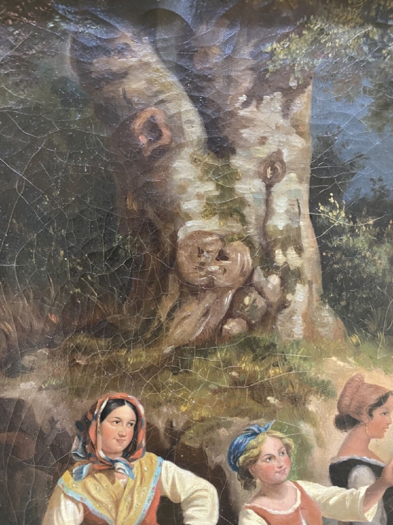 Detail c: Hippolyte Bellange 1800-1866, Begegnung am Brunnen, Öl/Lwd, signiert, ca. 54 x 64.5 cm, Prunkrahmen 70 x 82.5 cm, l. Altersspuren