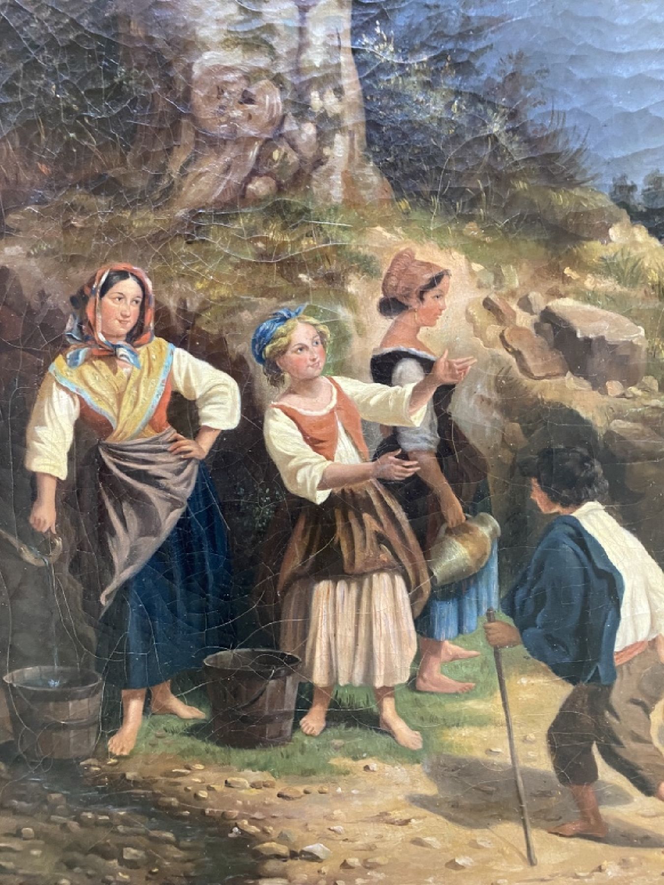 Detail f: Hippolyte Bellange 1800-1866, Begegnung am Brunnen, Öl/Lwd, signiert, ca. 54 x 64.5 cm, Prunkrahmen 70 x 82.5 cm, l. Altersspuren