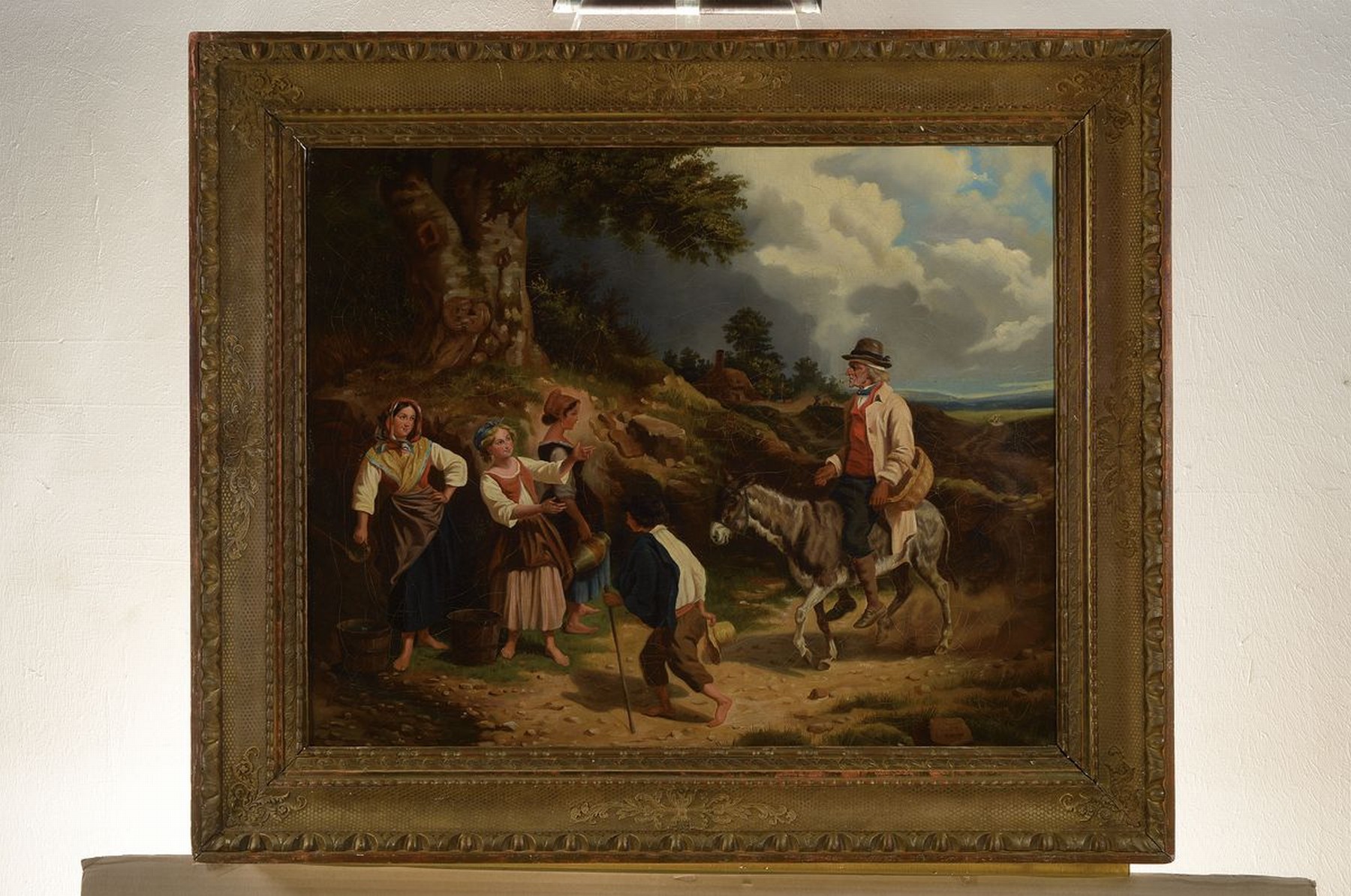 Detail k: Hippolyte Bellange 1800-1866, Begegnung am Brunnen, Öl/Lwd, signiert, ca. 54 x 64.5 cm, Prunkrahmen 70 x 82.5 cm, l. Altersspuren