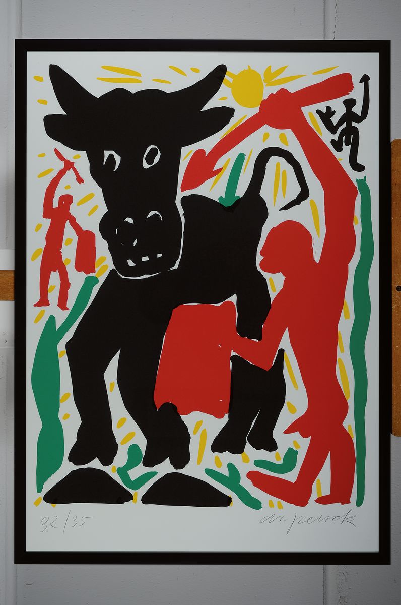 Detail k: A.R. Penck, 1939 - 2017, Serigrafie auf dickem Karton, "Europa", kleine Auflage nur 35 handsignierte Ex., num. 32/35, aus 1995, ca. 84 x ...