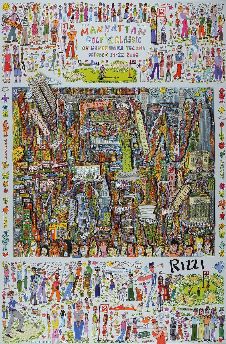 James Rizzi, 1950 - 2011, "Manhattan Golf classic", Offset auf Hochglanzpapier, handsigniert, zum ersten jährlich stattfindenden Golf ...