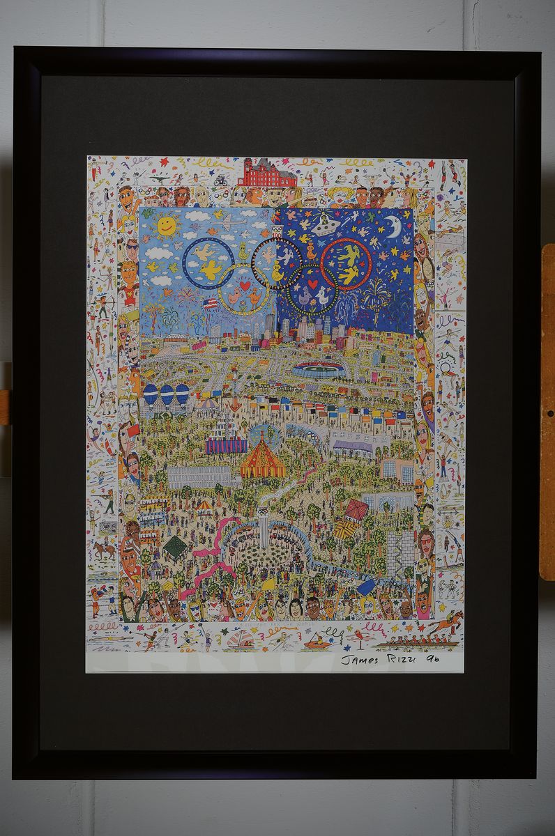 Detail k: James Rizzi, 1950 - 2011, Litho, "A village for the World", handsigniert, dat. 96, ca. 90 x 71 cm, 107 x 77 cm, unter Glas, Rahmen