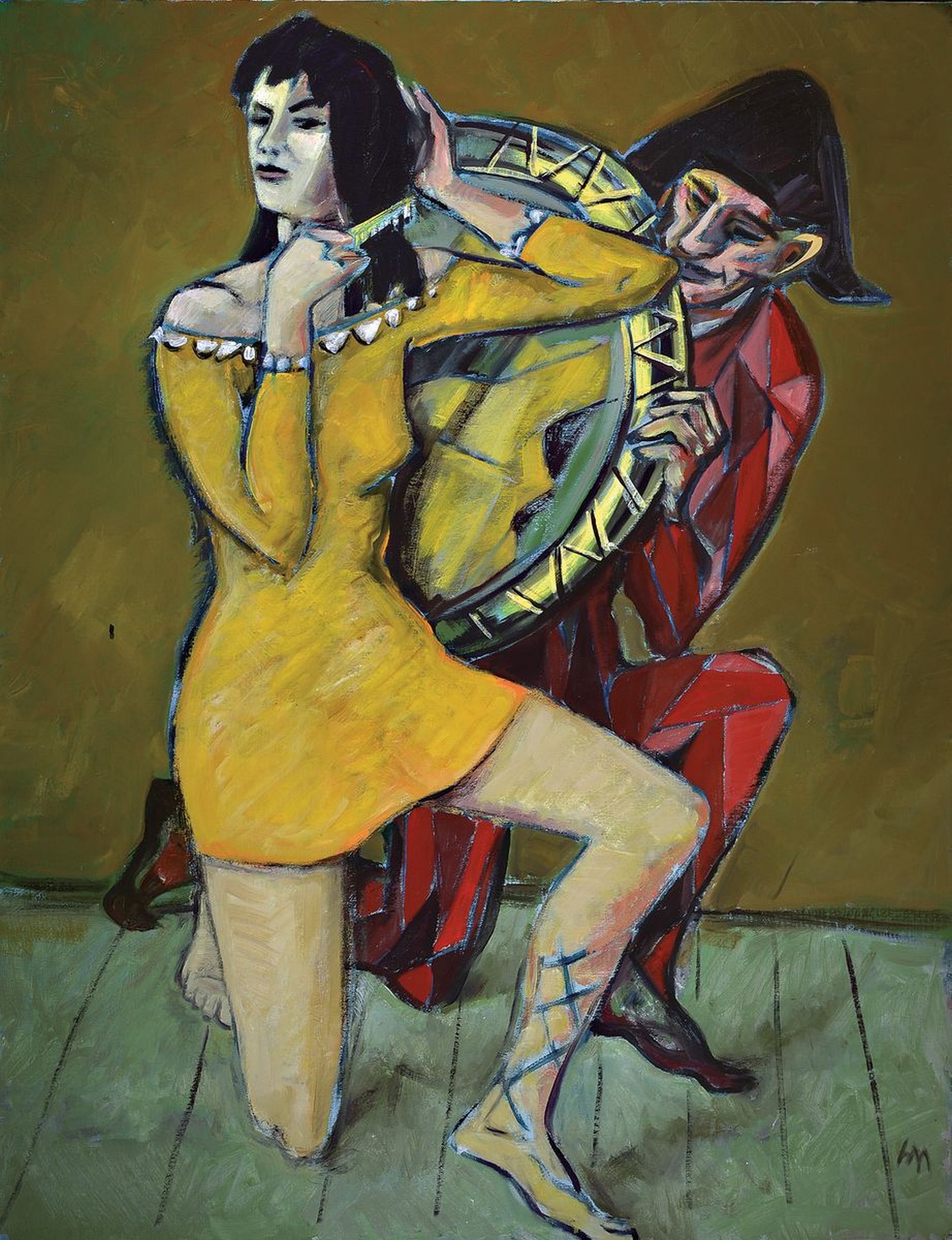 Hans Meyer, Künstler aus Frankfurt, war ansässig in Eberstadt, Harlekin mit Dame nach Picasso, Öl/Lwd, monogrammiert HM, 130 x 100 cm