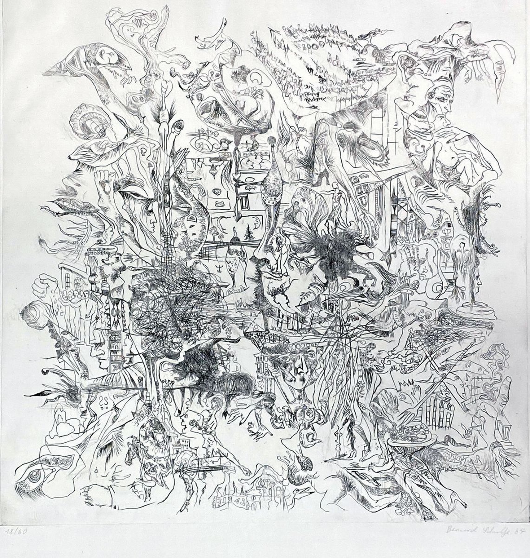 Bernard Schultze, 1915-2005, Rätselhafte Geschehen, Radierung von 1964, handsigniert und num. 18/60, ca. 50x49cm, u.Gl., R. ca. 79x68cm