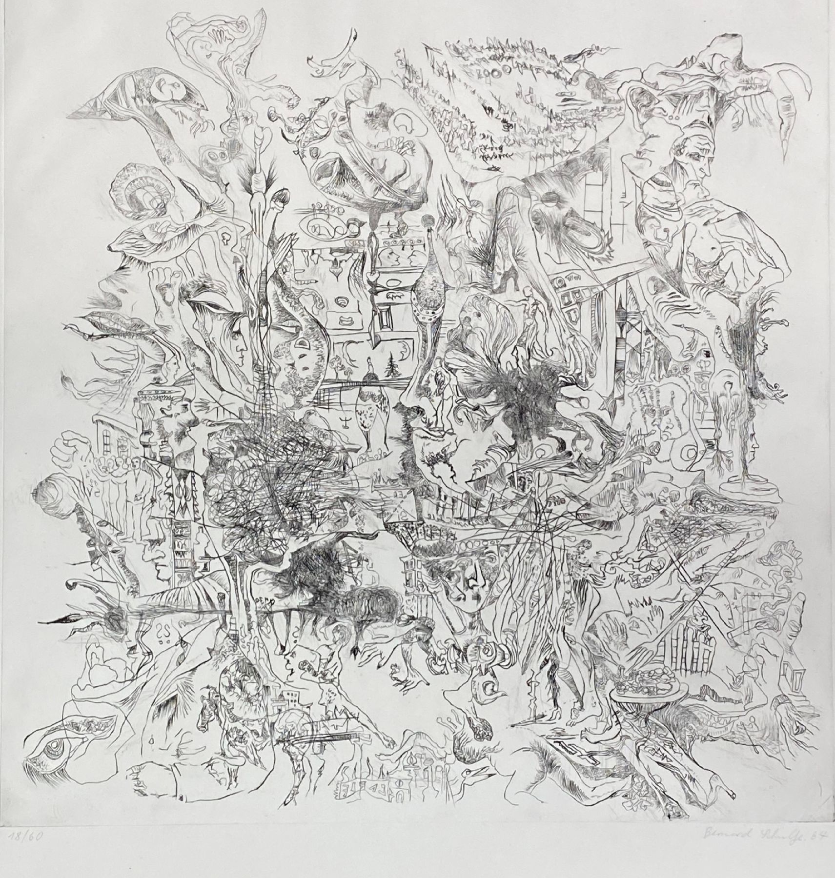 Detail a: Bernard Schultze, 1915-2005, Rätselhafte Geschehen, Radierung von 1964, handsigniert und num. 18/60, ca. 50x49cm, u.Gl., R. ca. 79x68cm